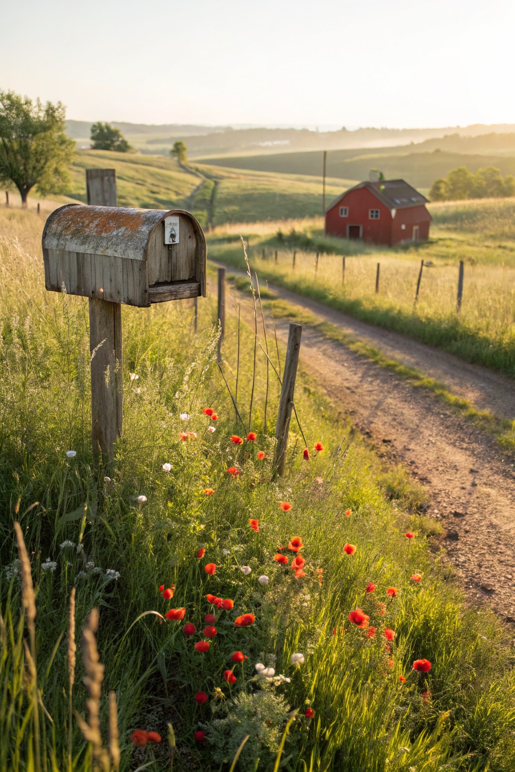 Weathered cylindrical metal mailbox on a wooden post surrounded by red poppies, white flowers, tall grasses, and weeds beside a dirt path on a grassy hillside with a red barn and distant fields in soft evening light.
