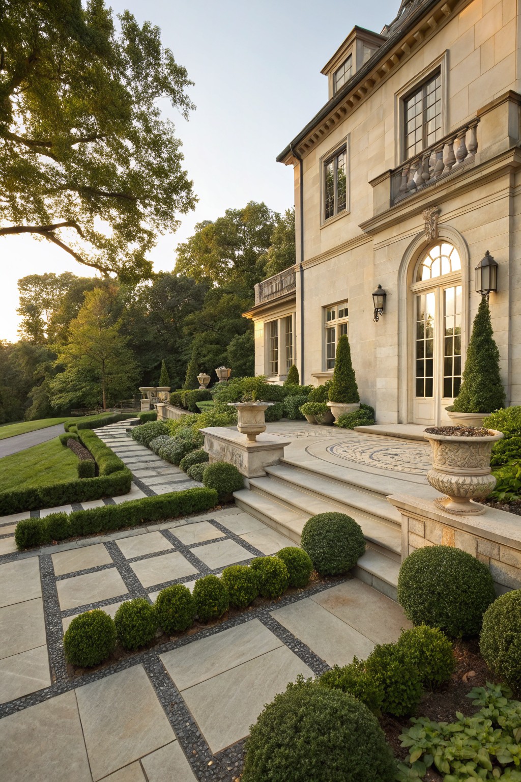 Beige limestone house facade with formal front yard landscaping of clipped boxwood spheres and hedges bordering geometric stone pathways and steps leading to the arched entry door, flanked by urns and trees.