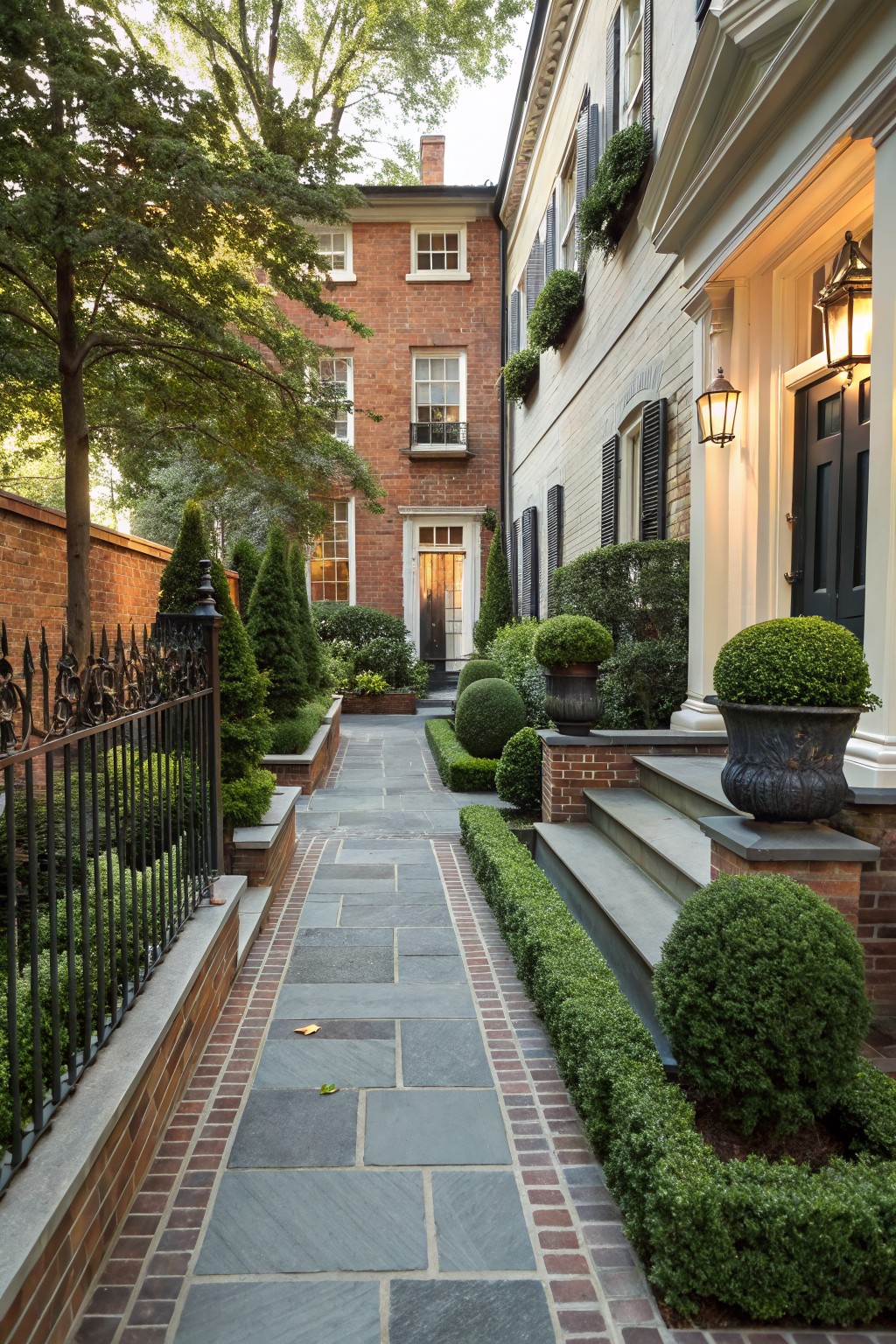 A straight gray slate pathway with red brick borders lined by clipped boxwood hedges and spherical topiaries leads to front steps of a traditional brick house with white columns and black shutters.