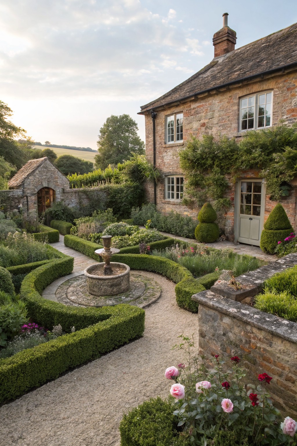 Stone cottage with formal front garden of boxwood hedges in geometric parterre design, central stone fountain, gravel paths, topiary shrubs, and rose plantings.