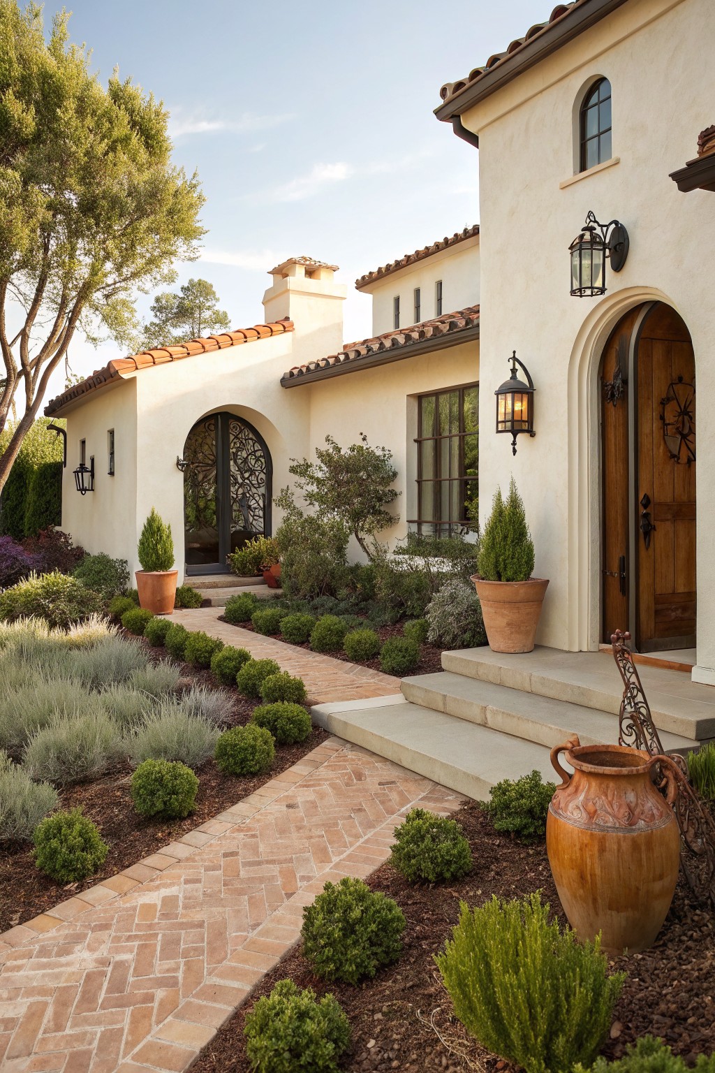 Front yard of a stucco house with red tile roof and arched wooden entry door, featuring a zigzag brick pathway lined with boxwood shrubs, lavender plants, and large terracotta pots on both sides.
