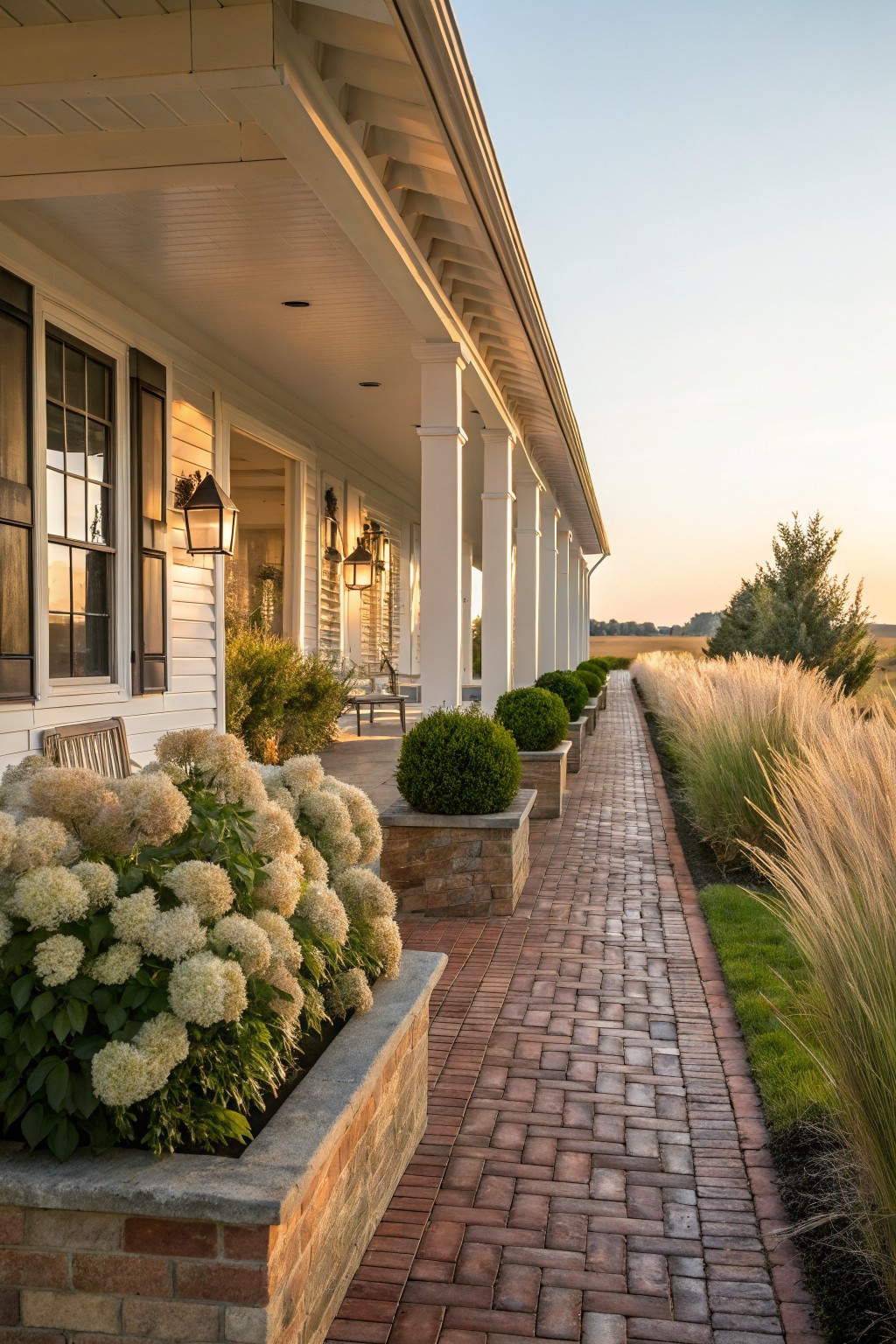 White clapboard house with wrap-around porch and columns alongside a brick pathway edged with hydrangea in a stone planter, boxwood topiaries, and tall ornamental grasses at dusk.