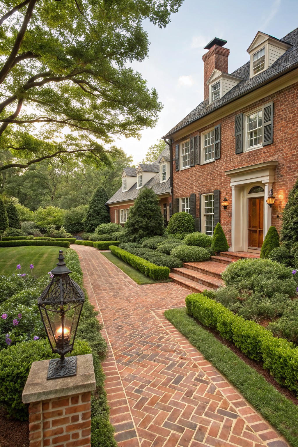 Red brick pathway edged with boxwood hedges and a black iron lantern, leading to the front door of a brick colonial house surrounded by manicured shrubs and trees.