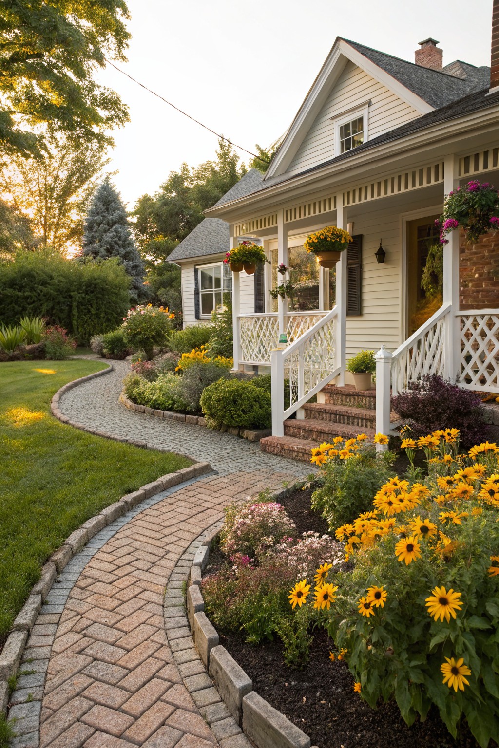 A white clapboard house with a wraparound porch and brick steps, approached by a curving brick pathway edged in flower beds with yellow black-eyed Susans, pink blooms, and shrubs, set in a green lawn with trees in the background.