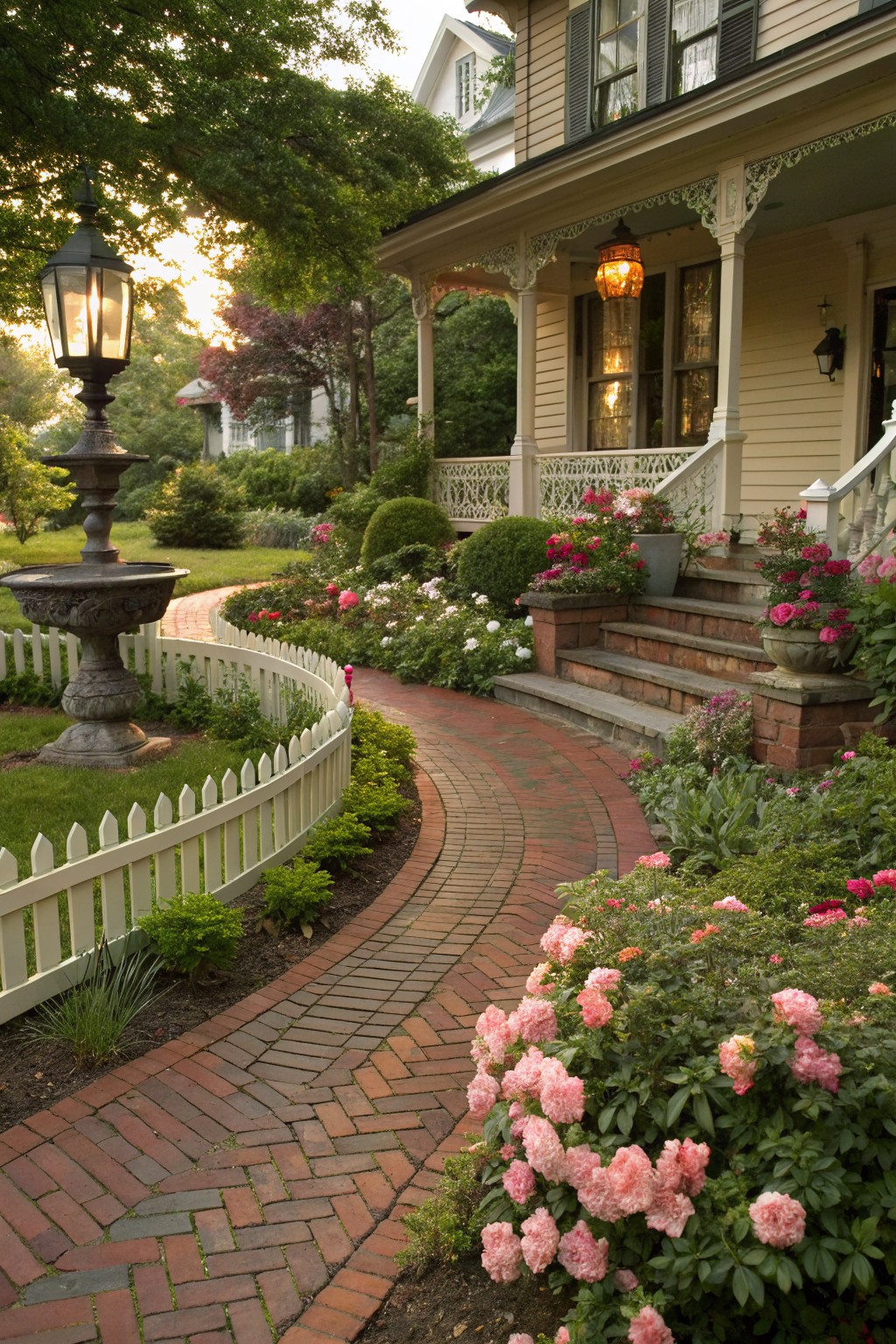 A curved red brick pathway winds through a front yard garden featuring pink roses, shrubs, a stone fountain, white picket fence, and steps leading to a traditional house porch.