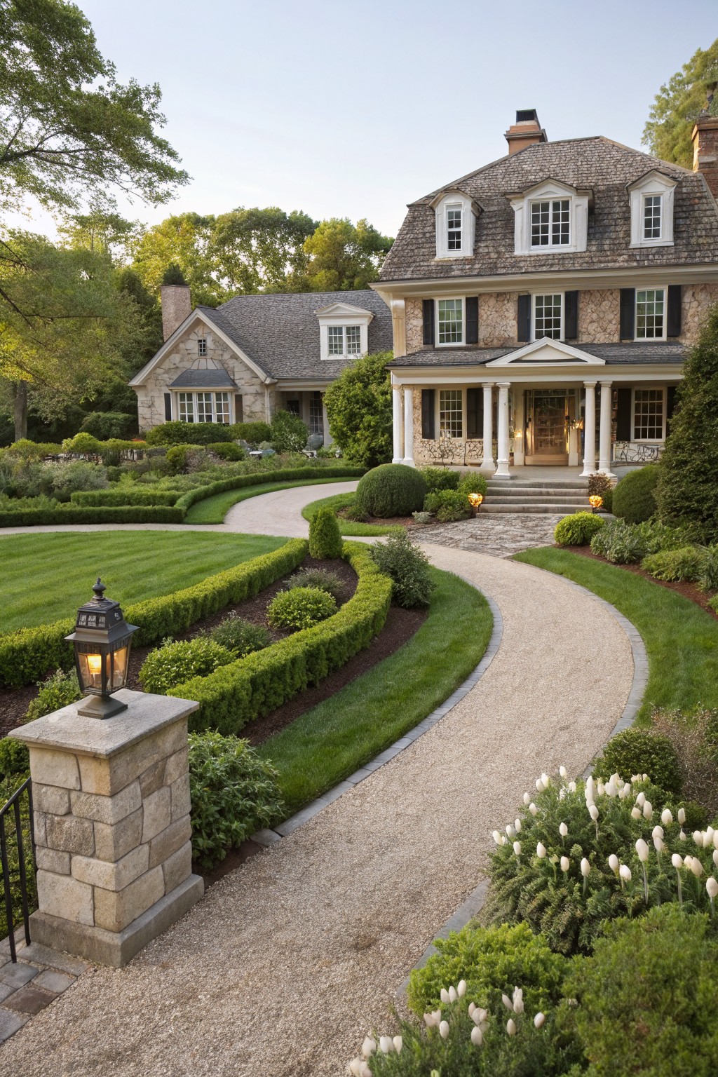 Curved Gravel Path Lined with Boxwoods