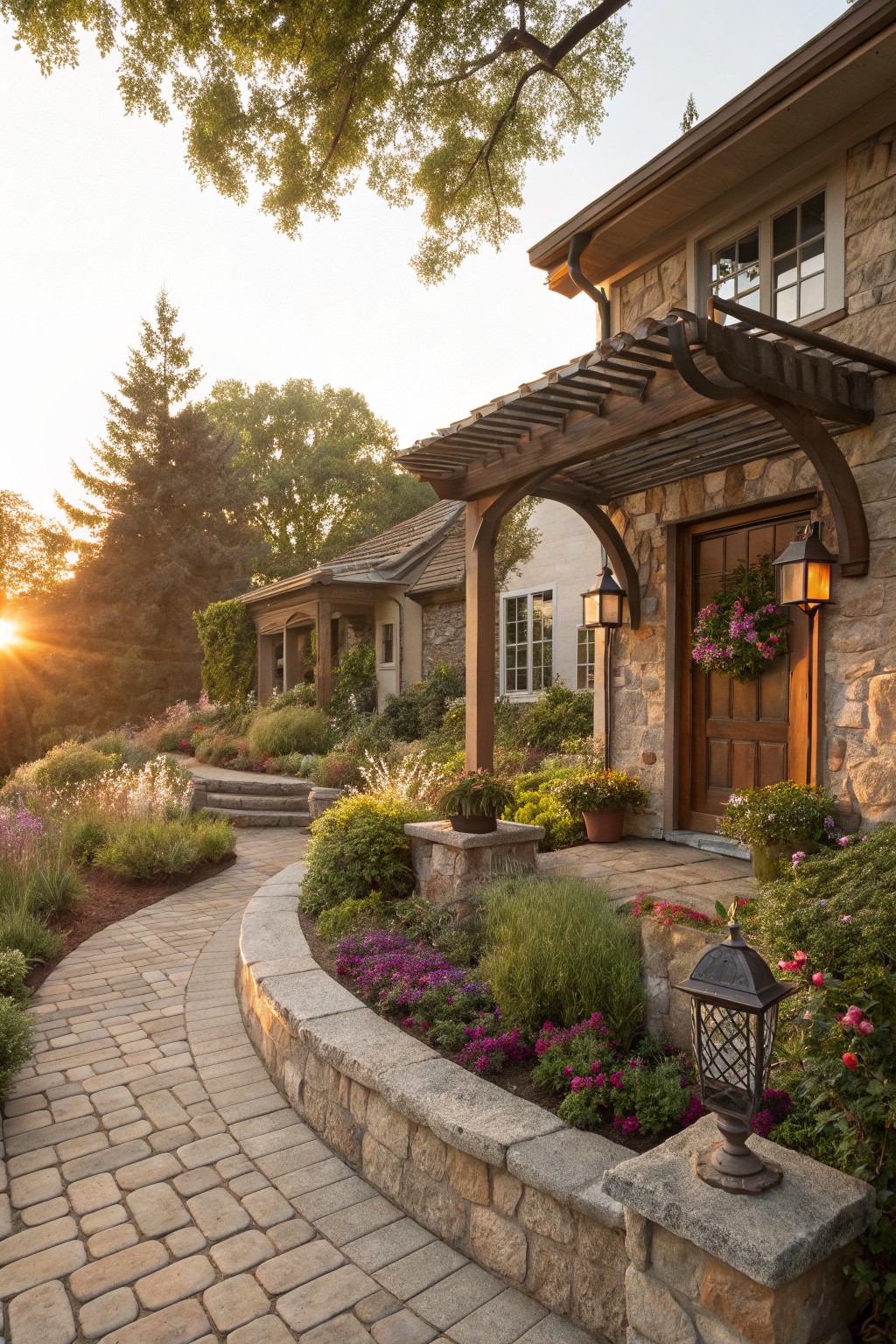 Curved brick paver pathway bordered by low stone walls with flowering plants and shrubs leading to the wooden front door of a stone house under a wooden pergola and lanterns, with trees and gardens in golden hour light.