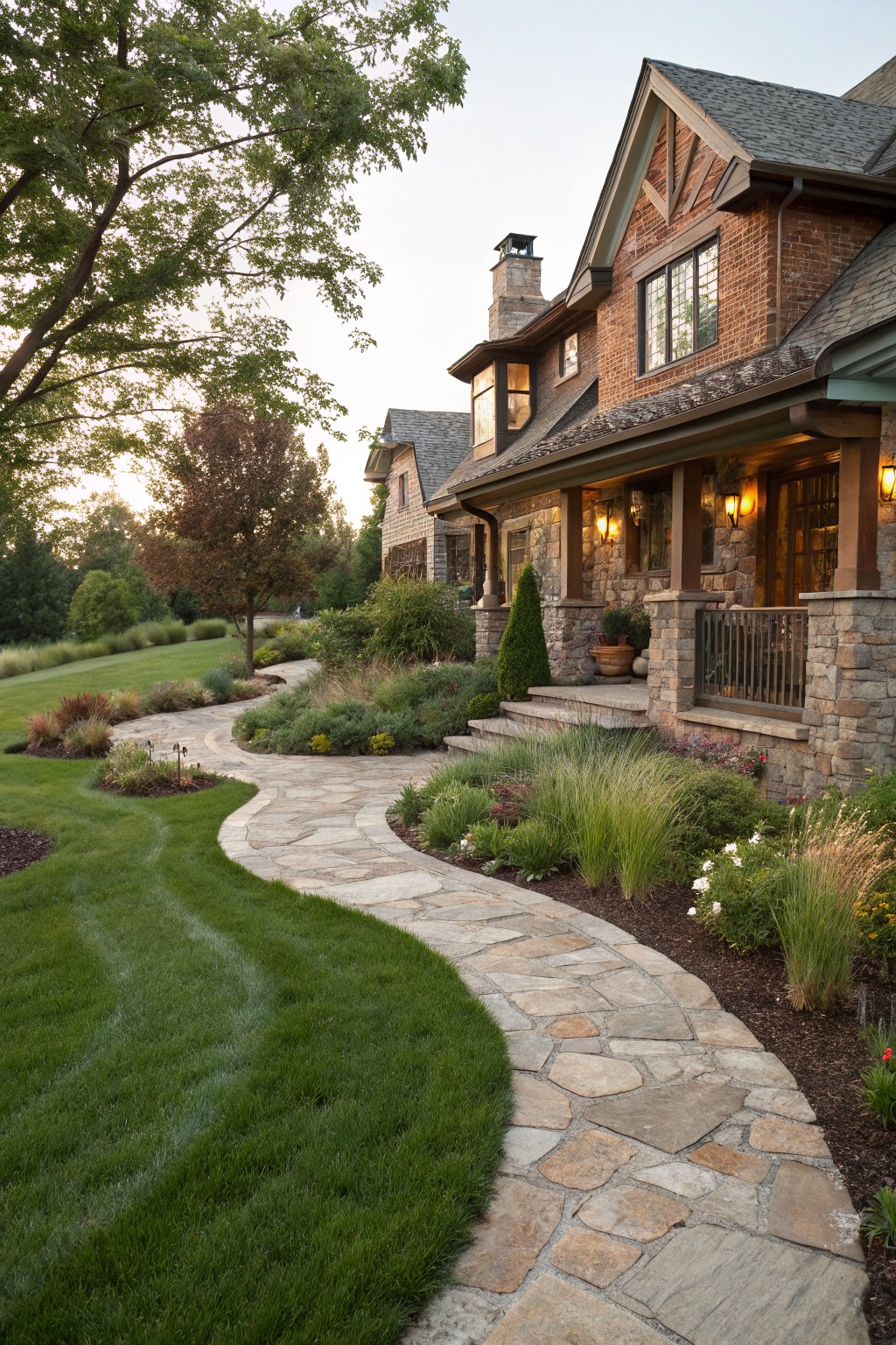 A traditional brick and stone house with a covered front porch and steps, approached by a curving flagstone pathway winding through a front yard of lawn, ornamental grasses, shrubs, perennials, and trees.