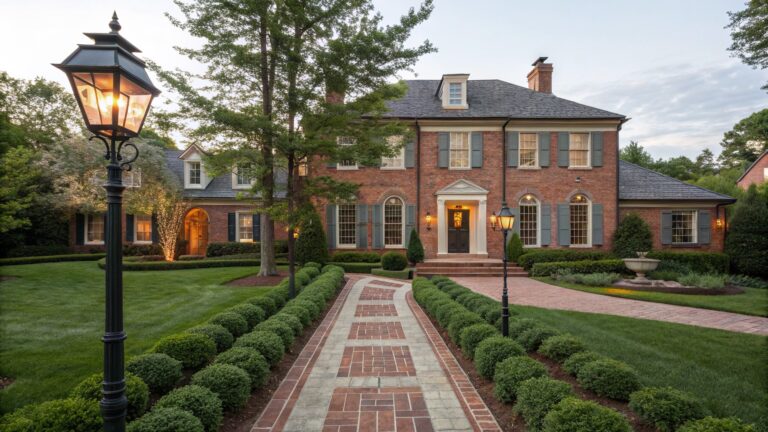 Red brick pathway edged with boxwood hedges and a black iron lantern, leading to the front door of a brick colonial house surrounded by manicured shrubs and trees.