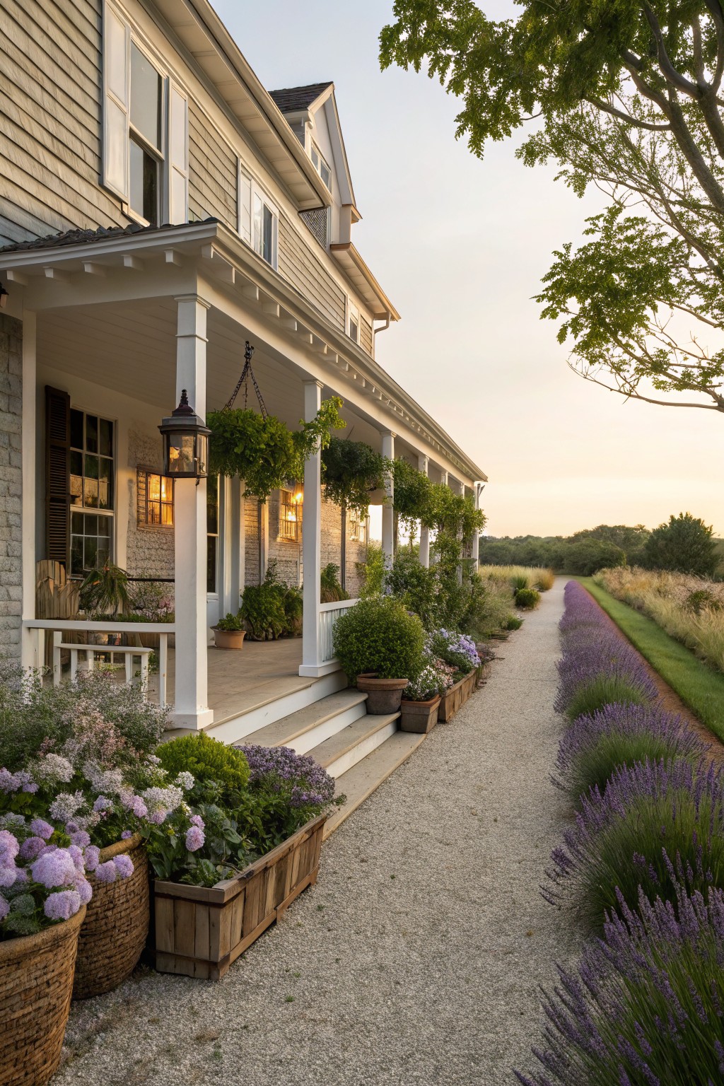 Shingle-style house with white porch and steps descending to a straight gravel path bordered by tall lavender plants on one side, with flower planters nearby and open fields in the background at dusk.