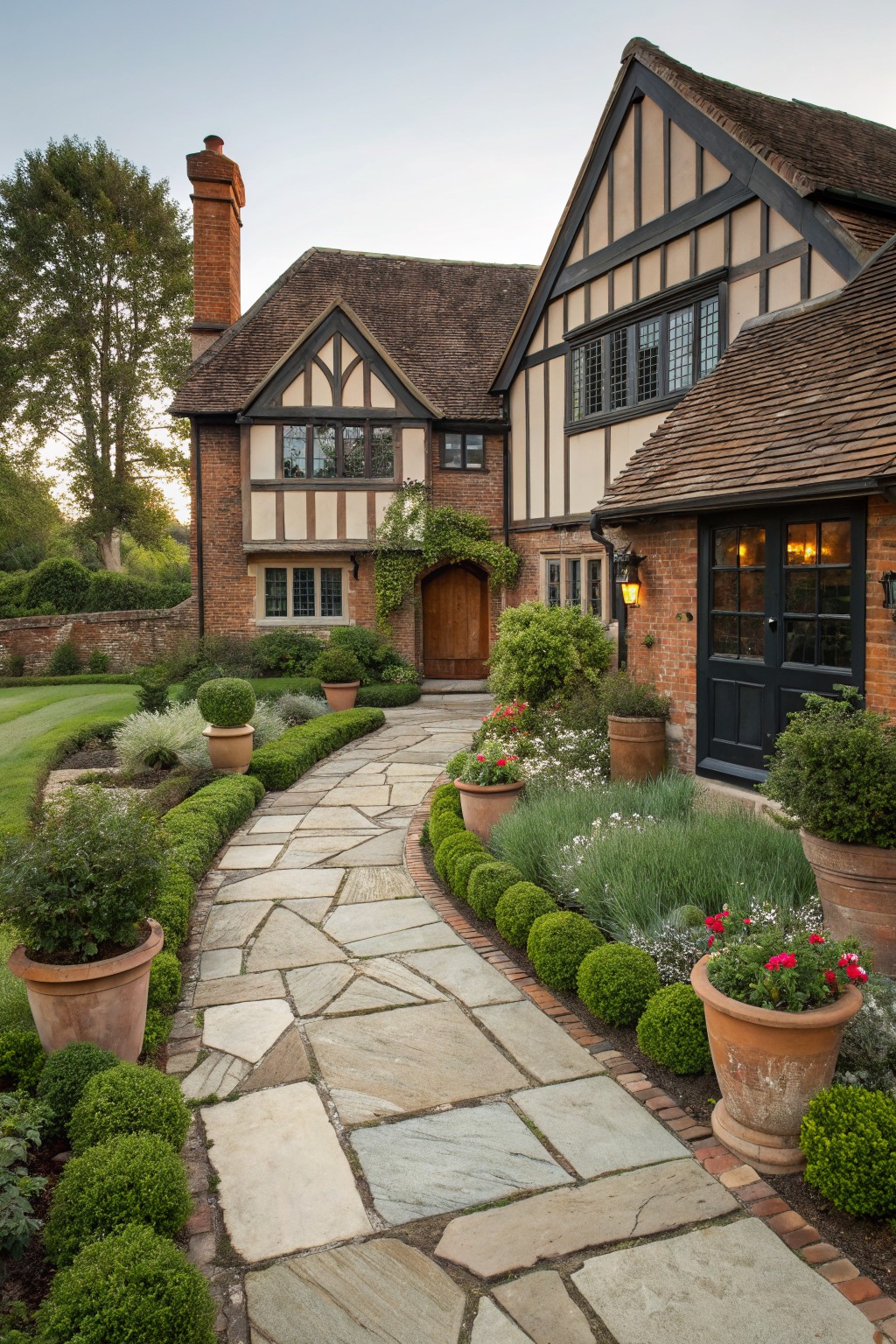 Tudor-style house exterior featuring a curved flagstone pathway edged by spherical boxwood shrubs, terracotta planters with flowers, and lawn leading to a wooden front door.