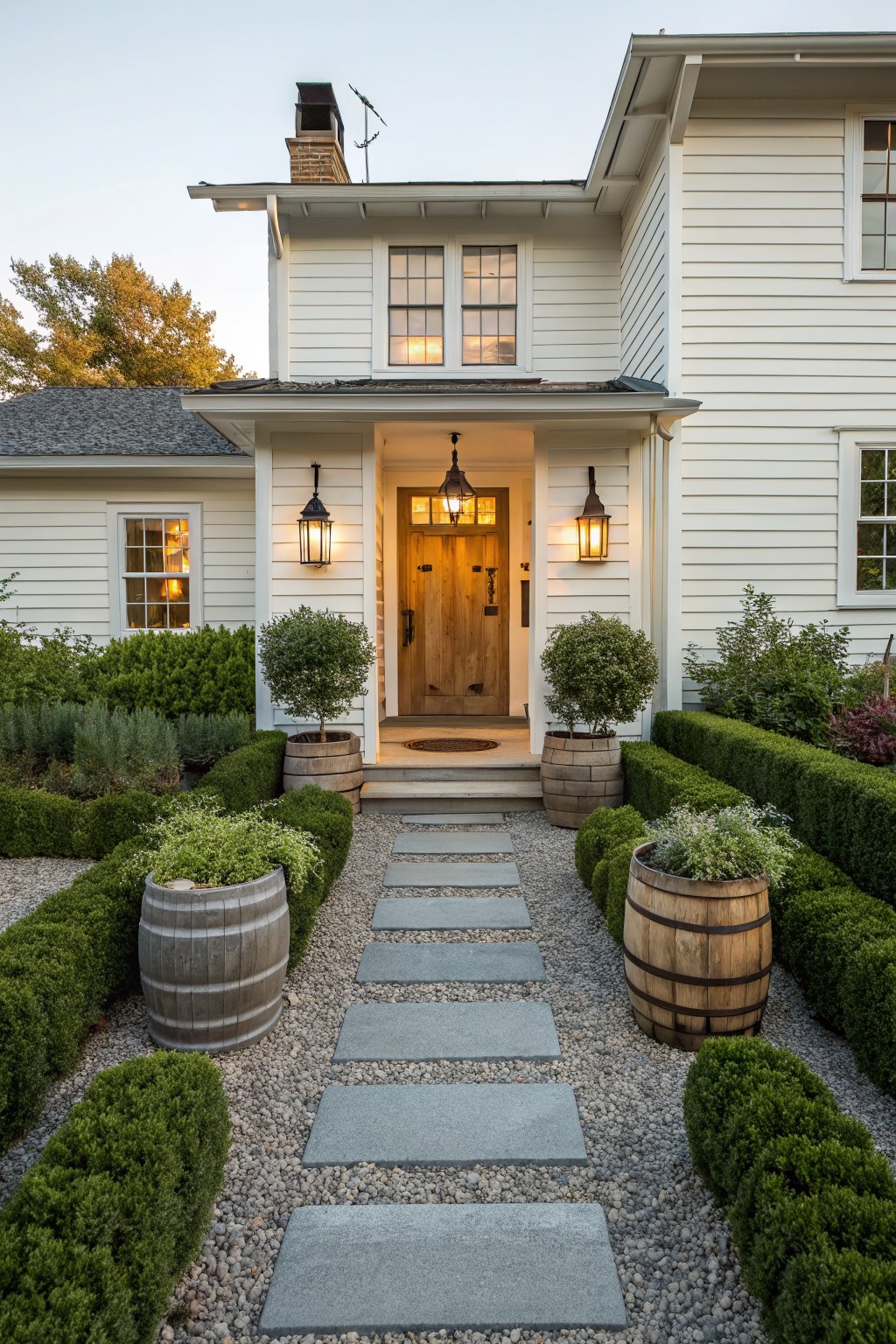 White clapboard house with covered front entry porch approached by a straight stone pathway lined with whiskey barrel planters amid boxwood hedges and gravel beds.