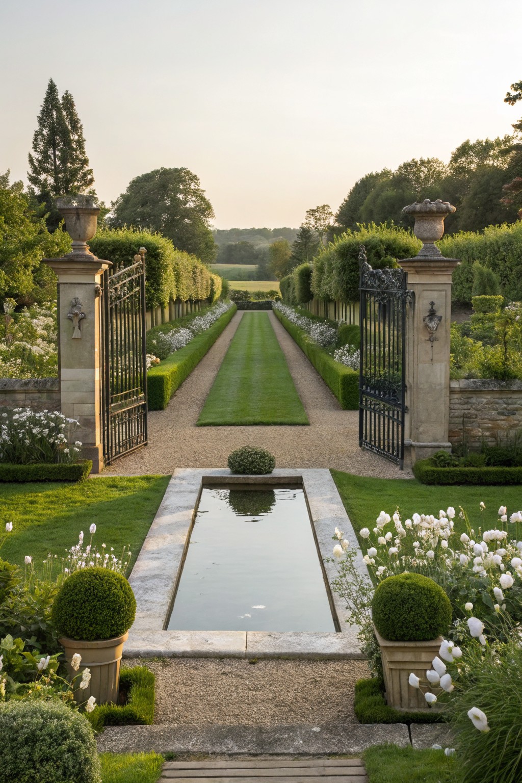 Formal garden entrance with open wrought-iron gates on stone pillars, central rectangular reflecting pool surrounded by white flowers and boxwoods, straight gravel path lined with tall hedges leading to manicured lawn and distant trees at dusk.