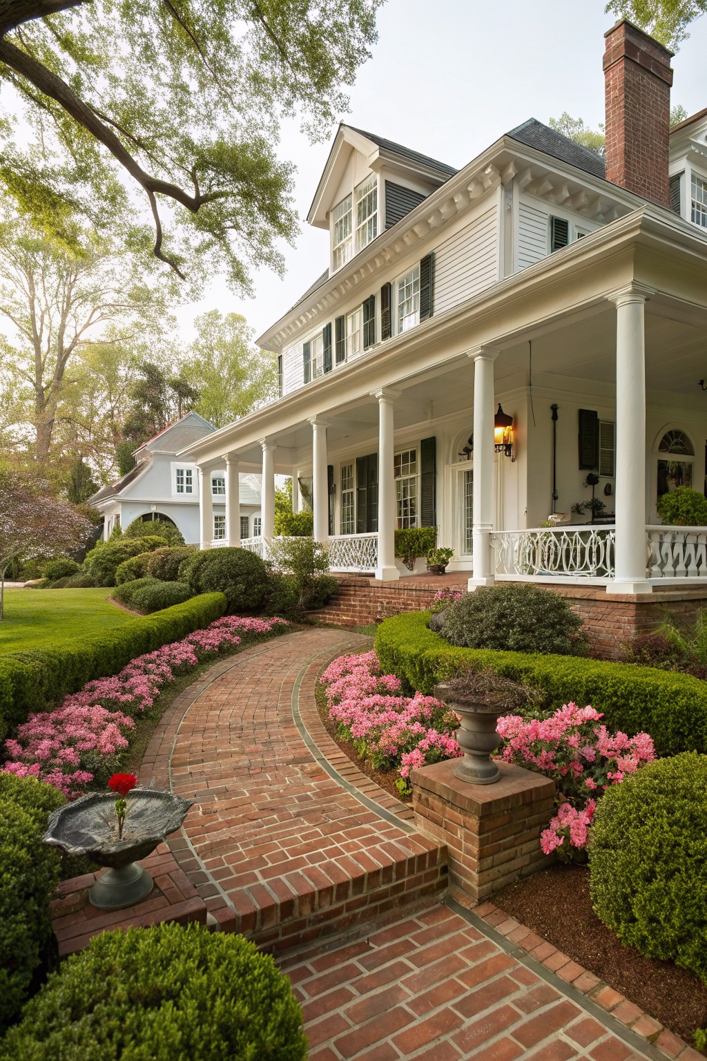 White clapboard house with columns and porch approached by curving red brick pathway lined with pink azalea blooms, boxwood shrubs, and brick edging in a manicured green yard.