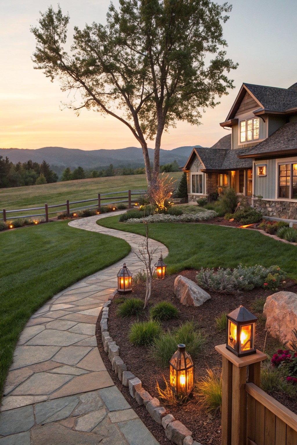 Winding flagstone path curves through green lawn toward a shingled house with stone and wood exterior, bordered by plants, rocks, mulch beds, and lanterns, with split-rail fence and mountains at sunset.