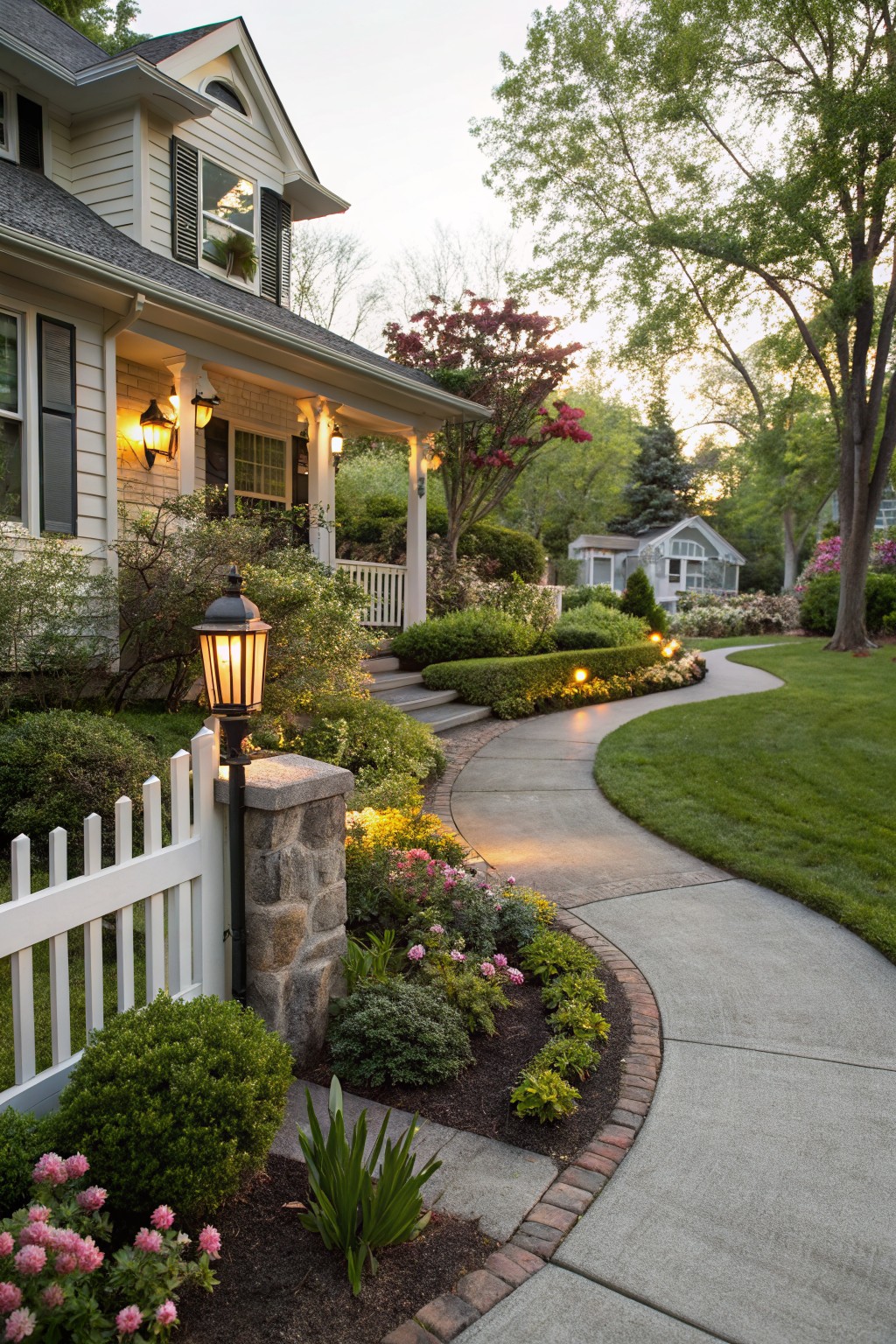Curved concrete pathway winding through a landscaped front yard with shrubs, flower beds, path lights, a stone pillar with lantern, white picket fence, and steps leading to a white house with porch at dusk.