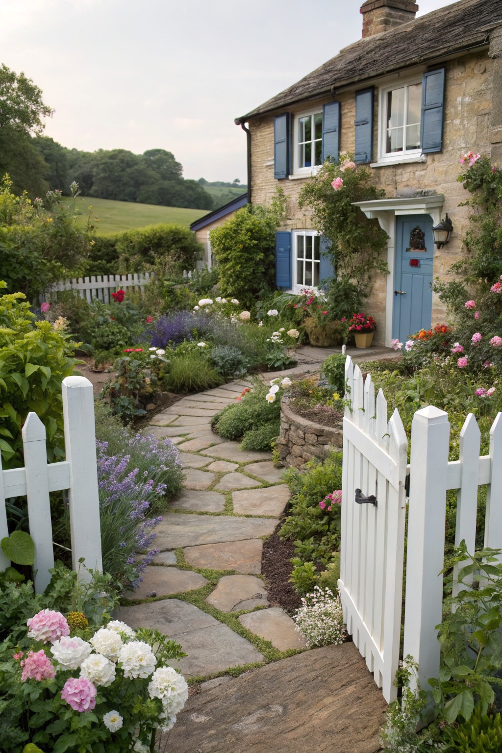 A flagstone pathway curves through lush flower beds with roses, peonies, and lavender beside a white picket fence leading to the blue front door of a stone cottage house.