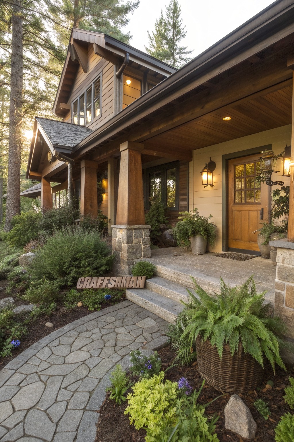 Craftsman-style house with covered wooden porch, stone pillars, front door, and a winding irregular flagstone path through garden beds with plants, shrubs, and ferns.