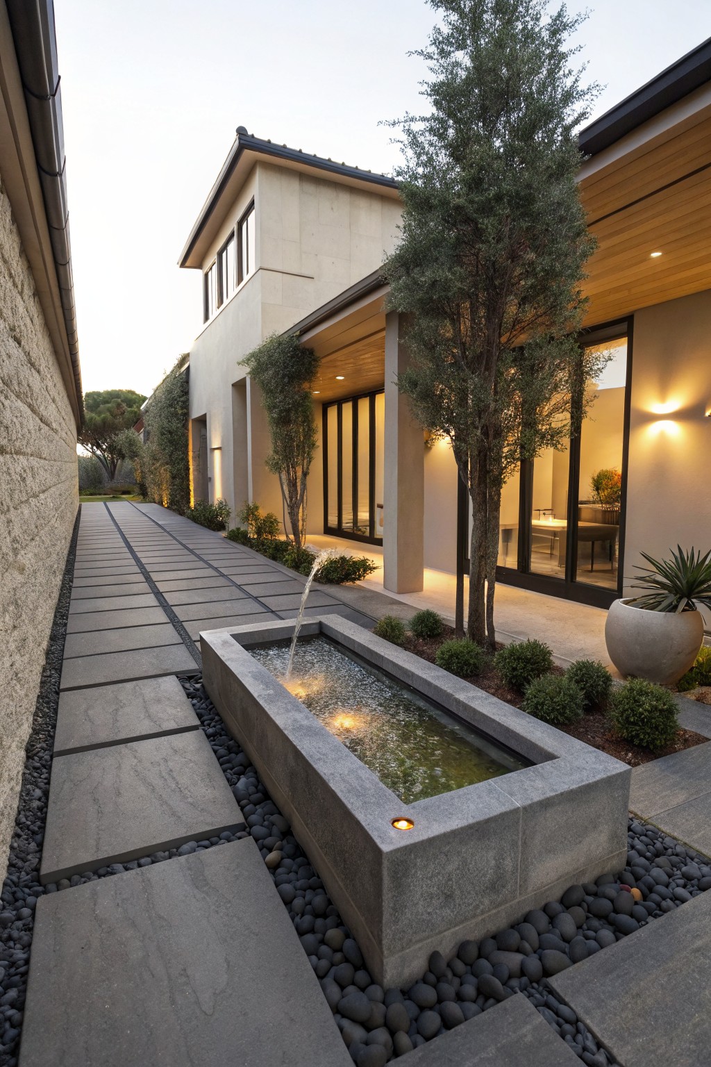 Linear gray stone paver pathway parallel to a rectangular concrete fountain with flowing water and underwater light, bordered by black pebbles and low green shrubs, adjacent to a beige stucco house exterior with glass doors and trees.