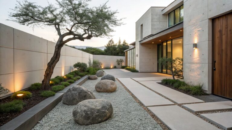 Modern house with concrete walls and overhanging wood canopy beside a landscaped area of large gray boulders in gravel beds edged by concrete, with succulents, an olive tree, and a paver pathway.