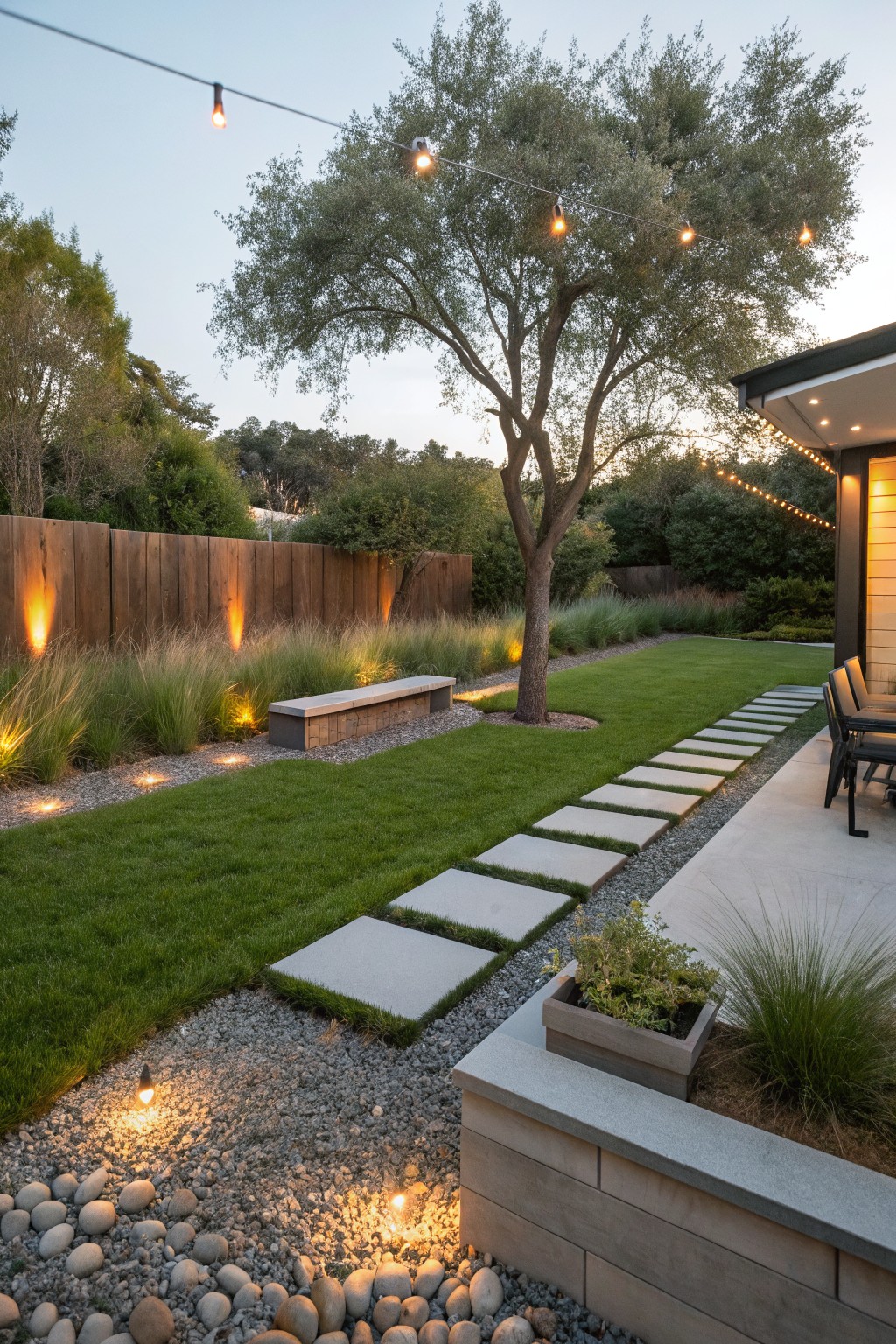 Backyard landscape with concrete stepping stone path through grass lawn, bordered by gravel and river rocks, ornamental grasses along a wooden fence, central tree, path lights, and nearby patio with chairs.