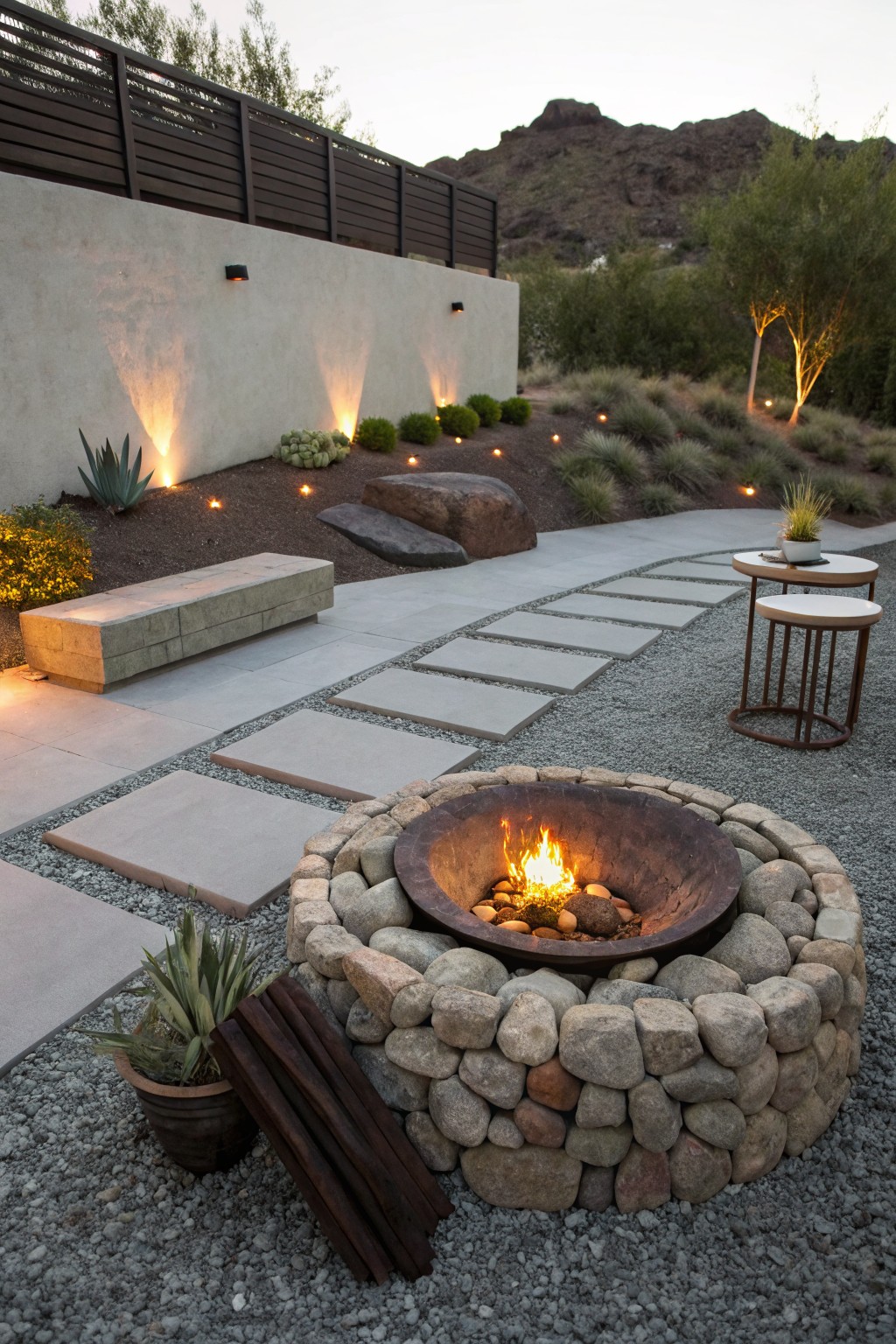 Fire pit with metal bowl inside a circular wall of stacked natural rocks on gravel ground, surrounded by concrete paver path, concrete bench, metal side tables, potted agave plants, grasses, and uplights along beige stucco wall in desert yard setting.