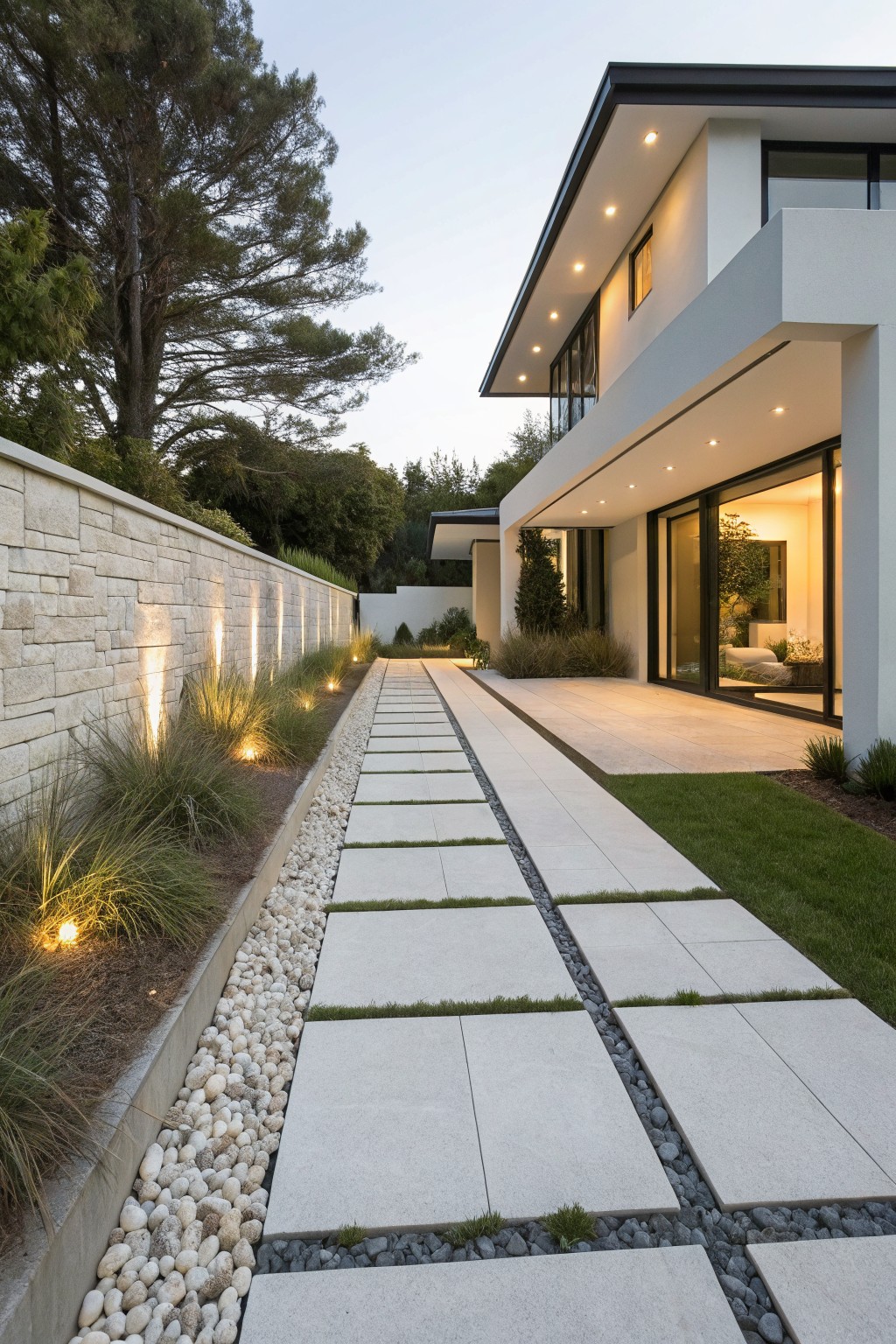 Side view of a modern white house with a straight pathway of large rectangular white pavers separated by narrow channels of white pebbles and dark gravel, edged by grasses and uplights along a beige stone wall, with lawn and trees nearby at dusk.