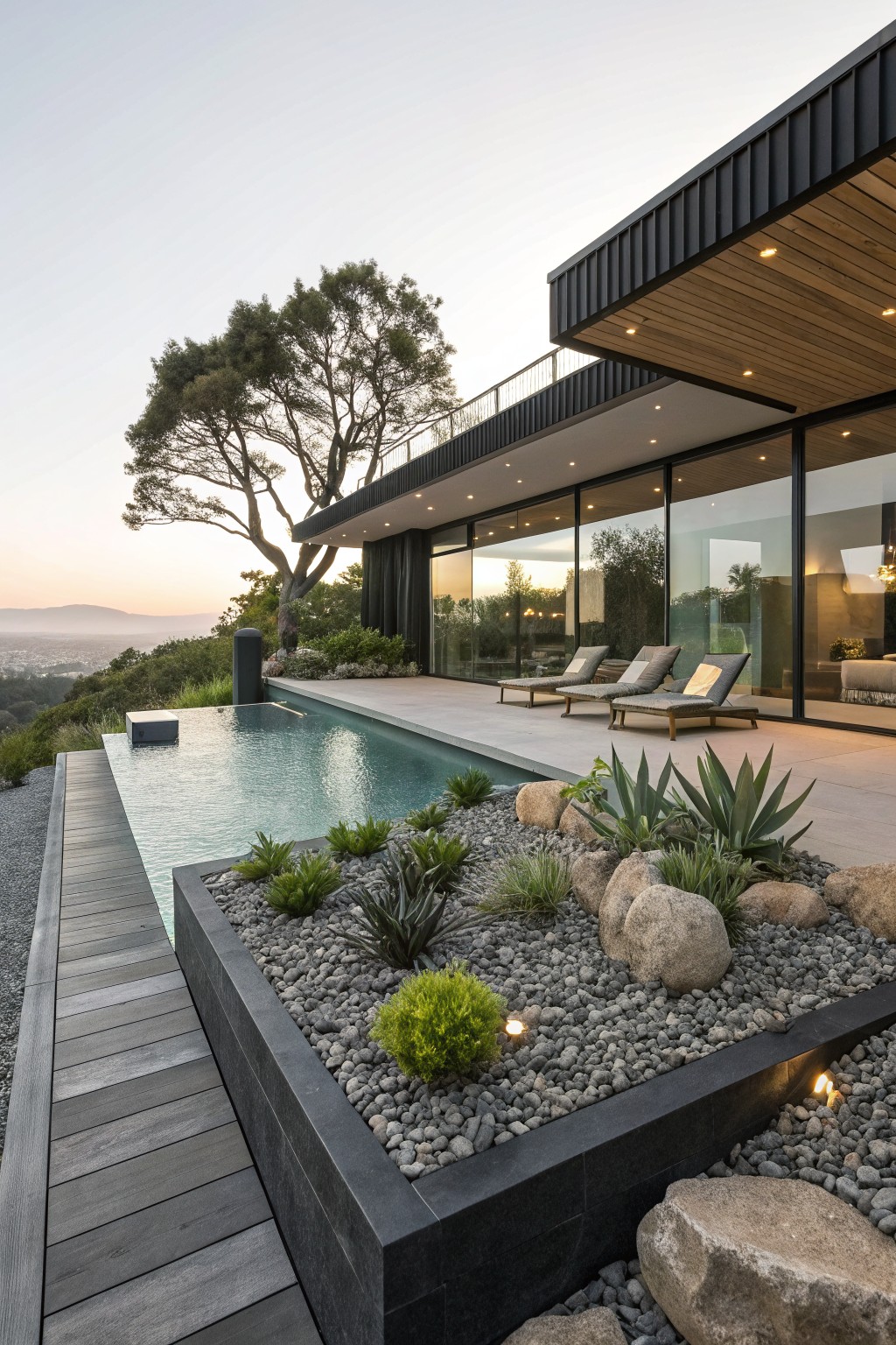 Modern black-clad house with glass walls beside an infinity-edge pool on a wooden deck, adjacent raised black planter box filled with pebbles, succulents, agaves, and large boulders, landscaped hillside with trees and city view at dusk.