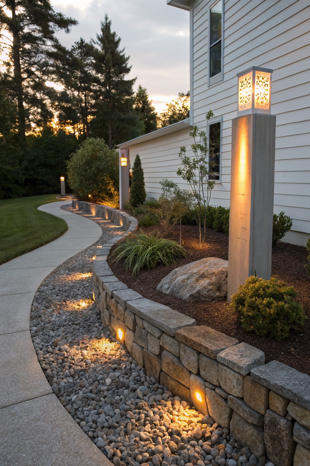 Curved concrete pathway bordered by dry-stacked stone retaining wall with pea gravel mulch, low plants, a large boulder, and recessed lighting, adjacent to white house exterior with tall modern light posts.