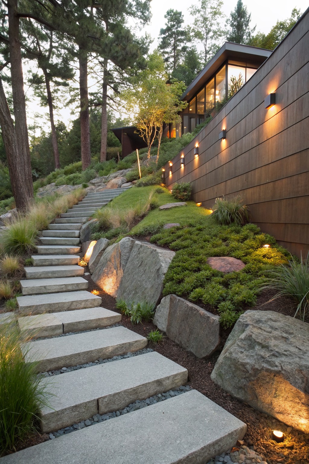 Wide gray concrete steps ascend a hillside flanked by large boulders, low grasses, and groundcover plants, with recessed path lighting leading toward a cedar-clad house wall.