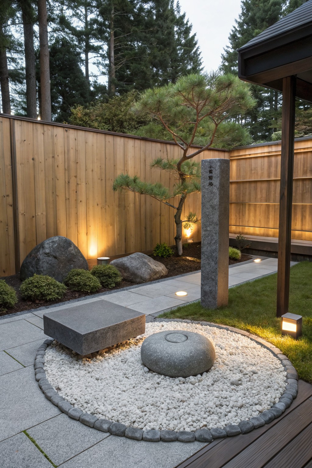 Backyard zen garden area with circular white gravel bed containing a central round stone boulder, adjacent rectangular stone bench, surrounding boulders, shrubs, gravel path, ground lights, wooden fence, pine tree, and stone pillar.