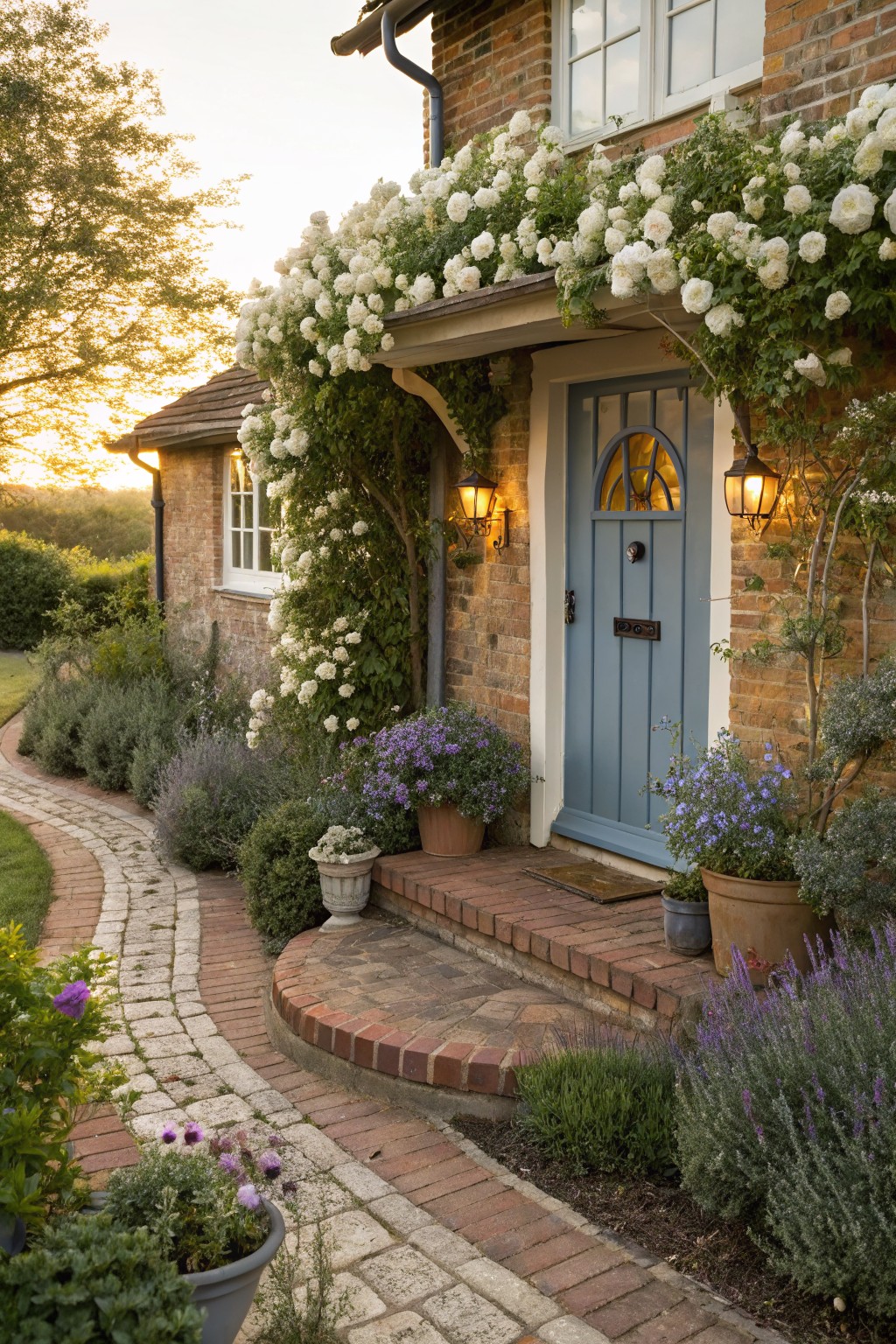 Brick cottage house with light blue front door and arched window, covered in climbing white roses over the porch, stone pathway lined with lavender and potted plants leading to the entrance, evening light.