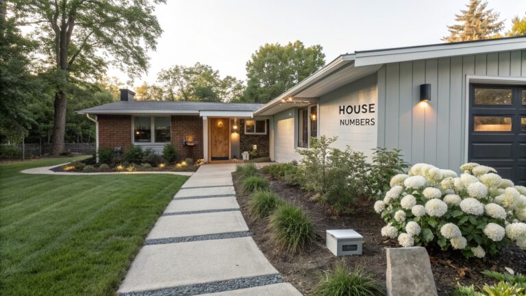 Modern gray house exterior with concrete paver pathway through green lawn leading to entry steps, edged by white hydrangea bushes, shrubs, and trees in background.