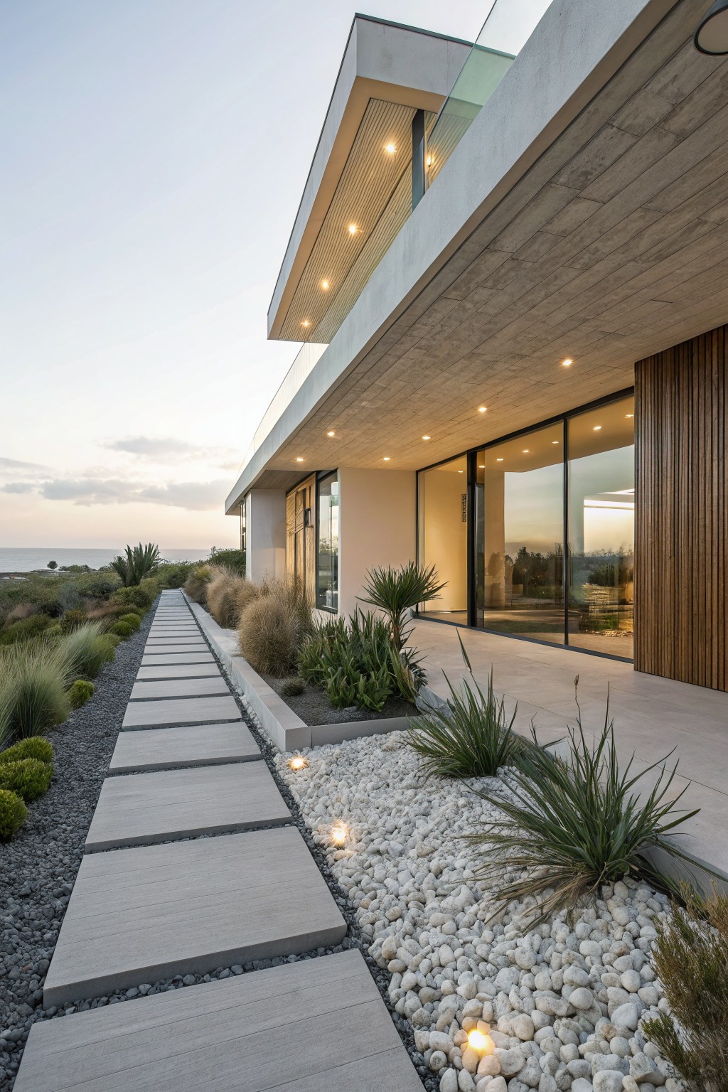 Contemporary white house exterior featuring a pathway of large rectangular concrete pavers set into white gravel beds, bordered by grasses, agaves, and palms, with glass entry doors and ocean view at dusk.