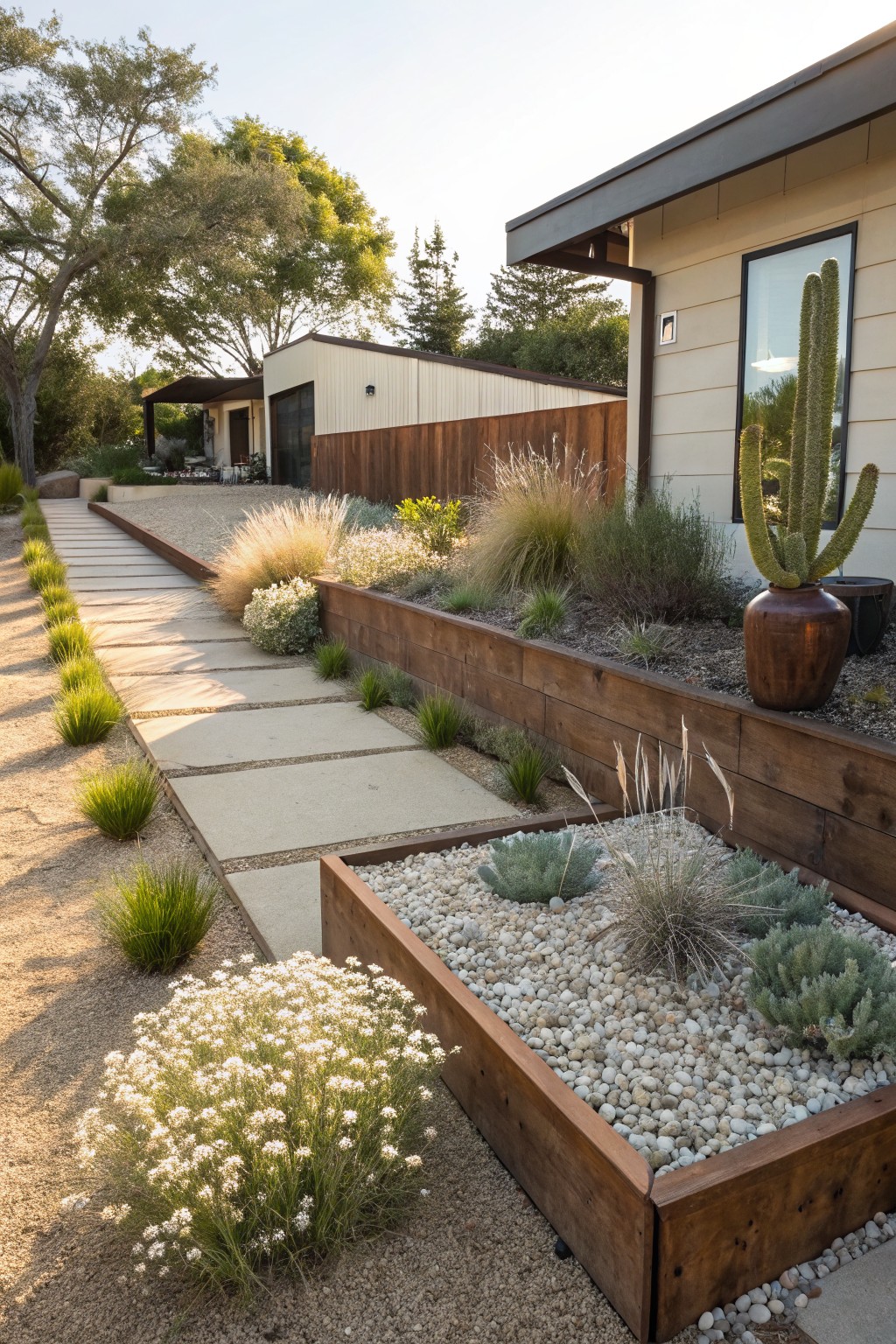 Stone pathway in a front yard lined with low grasses and raised wooden planters containing white flowers, succulents, agaves, and gravel mulch, beside modern beige buildings and potted cacti.
