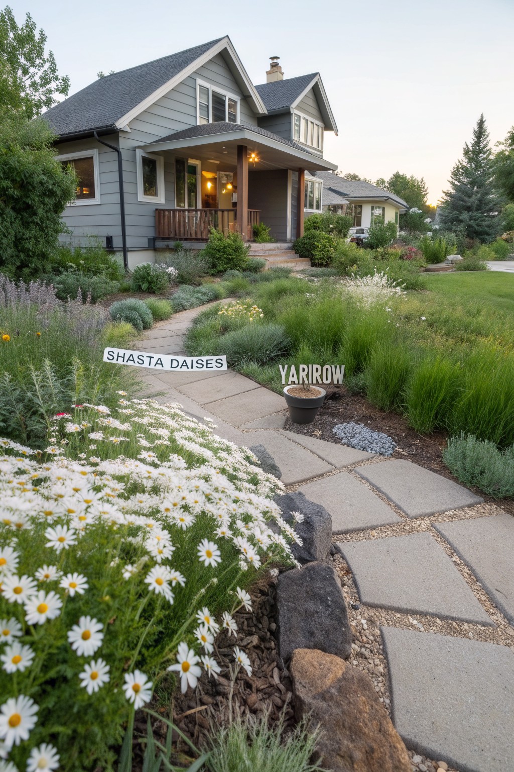 Gray shingled house with covered porch at dusk, stone path leading through landscaped front yard bordered by white Shasta daisies, labeled yarrow plants, grasses, and rocks.