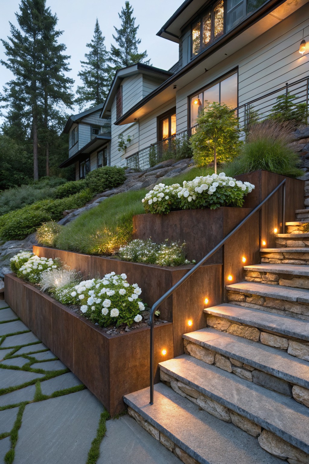 Hillside stone staircase with tiered corten steel planters filled with white flowers and grasses on both sides, illuminated by small recessed lights, leading up to a modern house exterior amid trees and shrubs.
