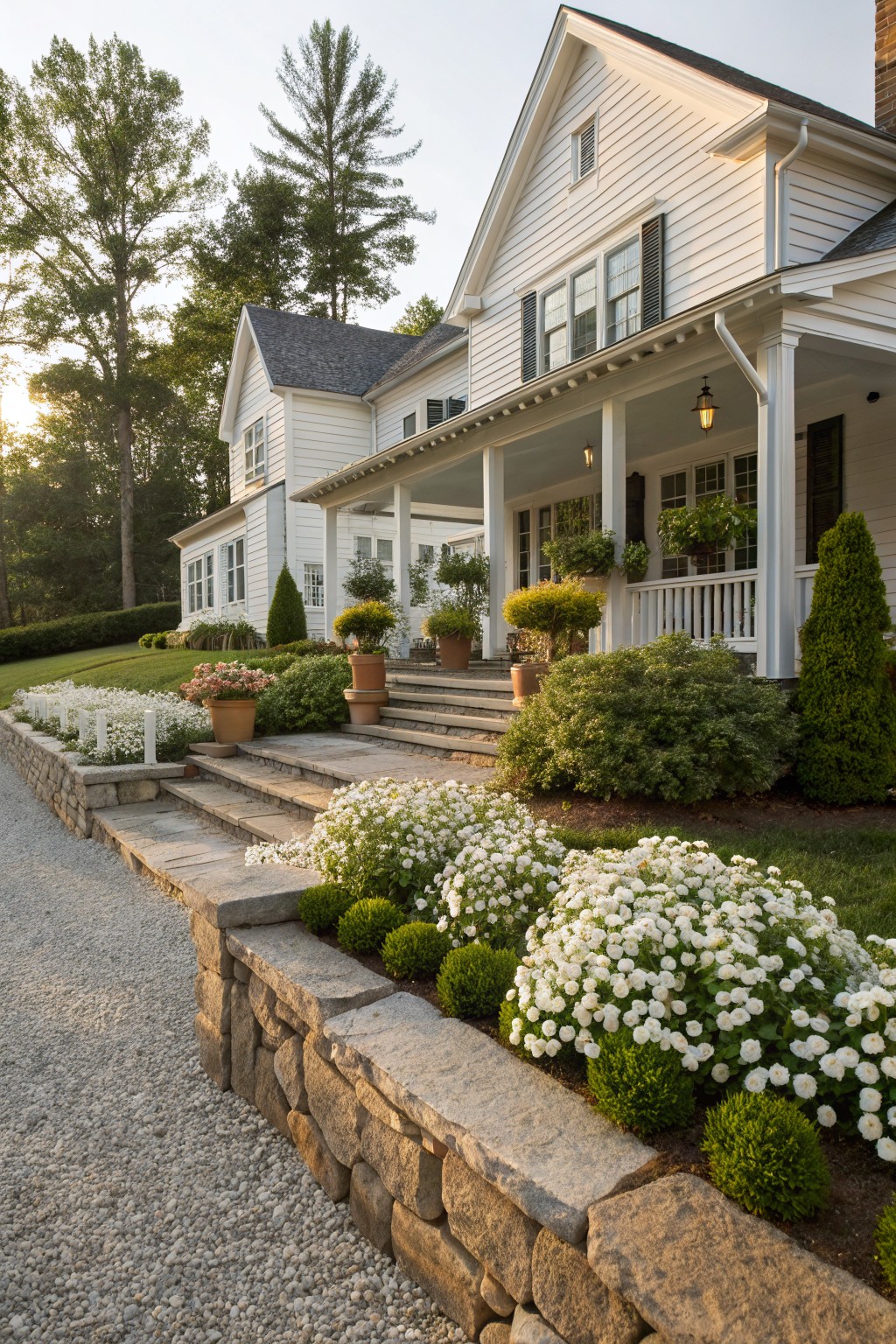 White clapboard house with wraparound porch and front steps above a gravel driveway edged by stone retaining wall planted with masses of small white flowers, boxwood shrubs, and potted plants amid trees.