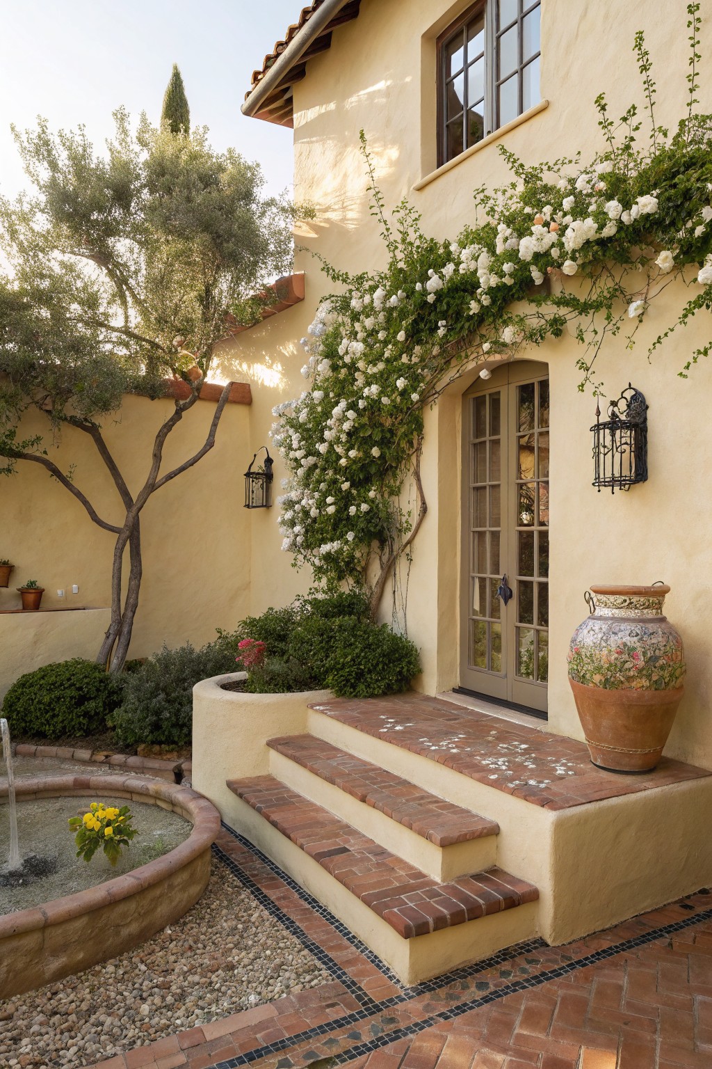 Beige stucco house wall with white climbing roses covering an arched French door entry, flanked by wall lanterns, brick steps, a small fountain with yellow flowers, olive trees, shrubs, and large terracotta pots on a gravel patio.