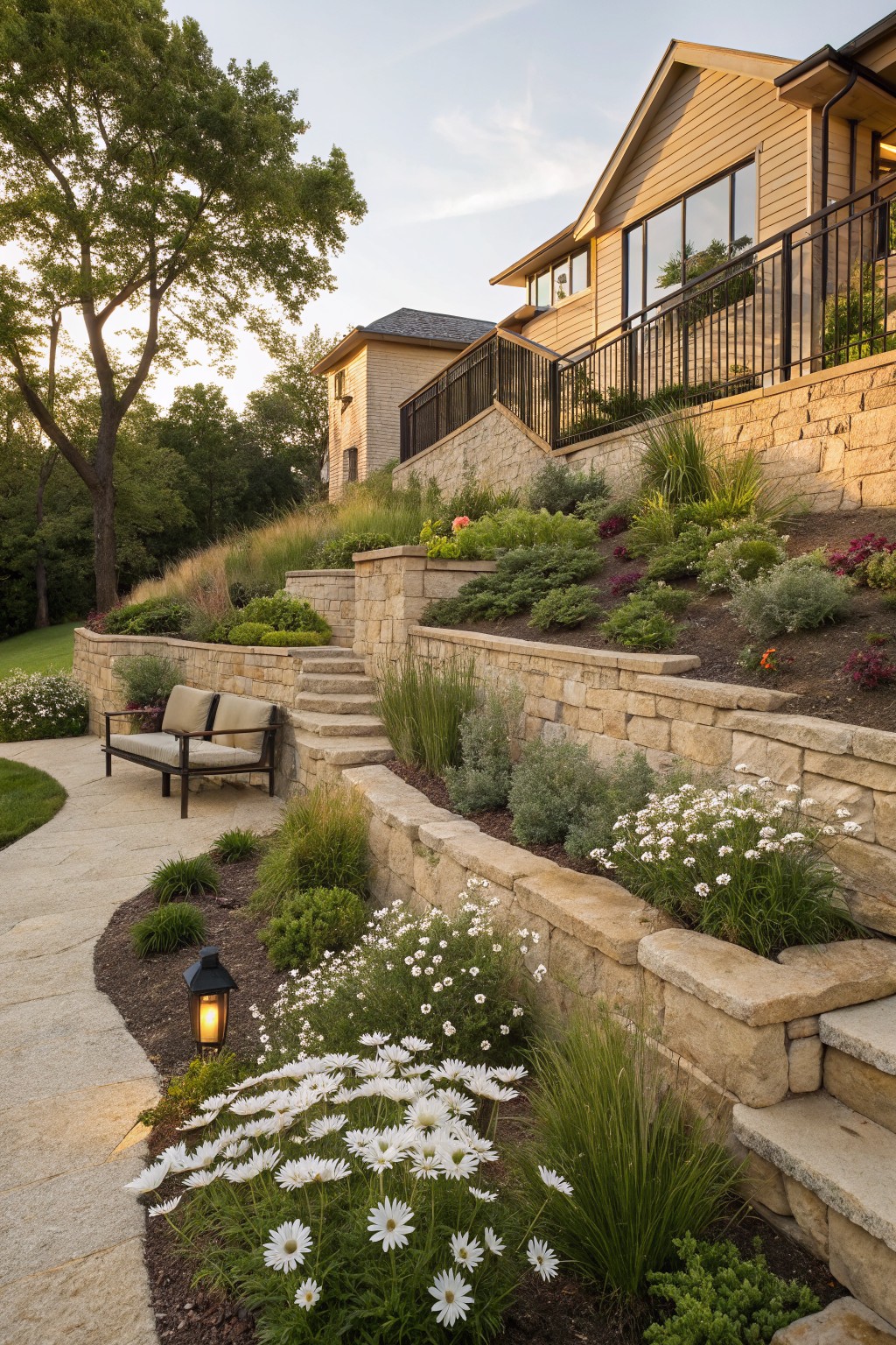 Sloped yard with multiple terraced limestone retaining walls planted with clusters of white daisies, ornamental grasses, and shrubs, featuring stone steps, a bench, path with lantern, and house in background.