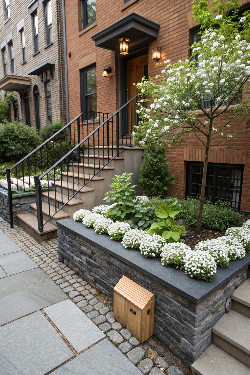 Brown brick townhouse exterior with black metal-railed stairs to a wooden front door, adjacent raised dark stone planter bed overflowing with white flowers, green leafy plants, small tree, and shrubs, wooden box on slate walkway nearby.
