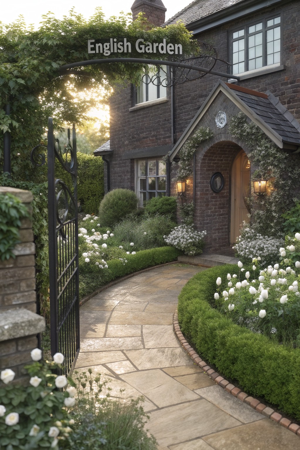 Wrought iron gate with English Garden sign arches over a curved stone path edged by boxwood hedges and beds of white flowers leading to the brick house entrance.