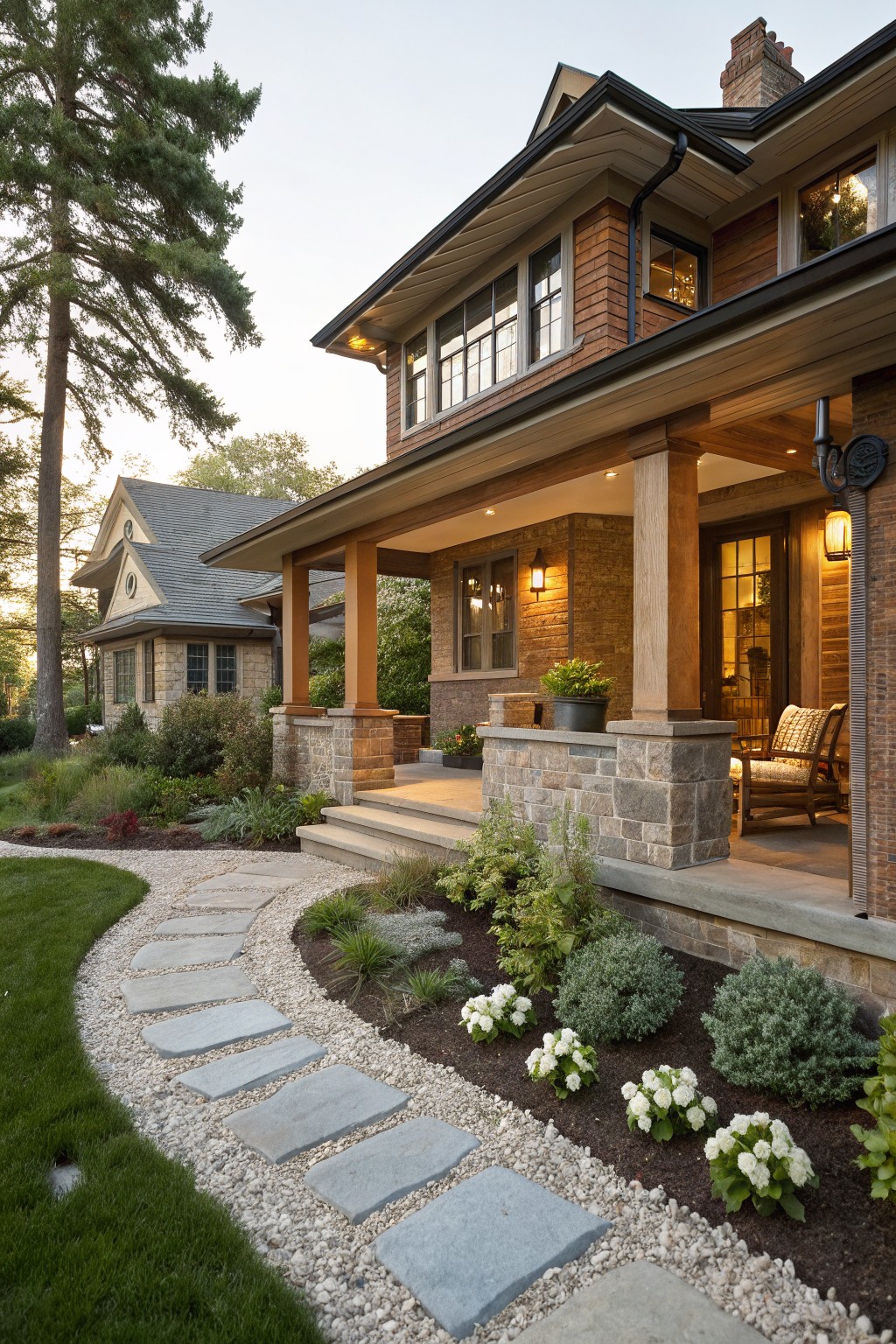 Front view of a brick house with timber porch, stone steps, and a curving flagstone path through gravel beds planted with clusters of white flowers and low shrubs, edged by lawn and trees.