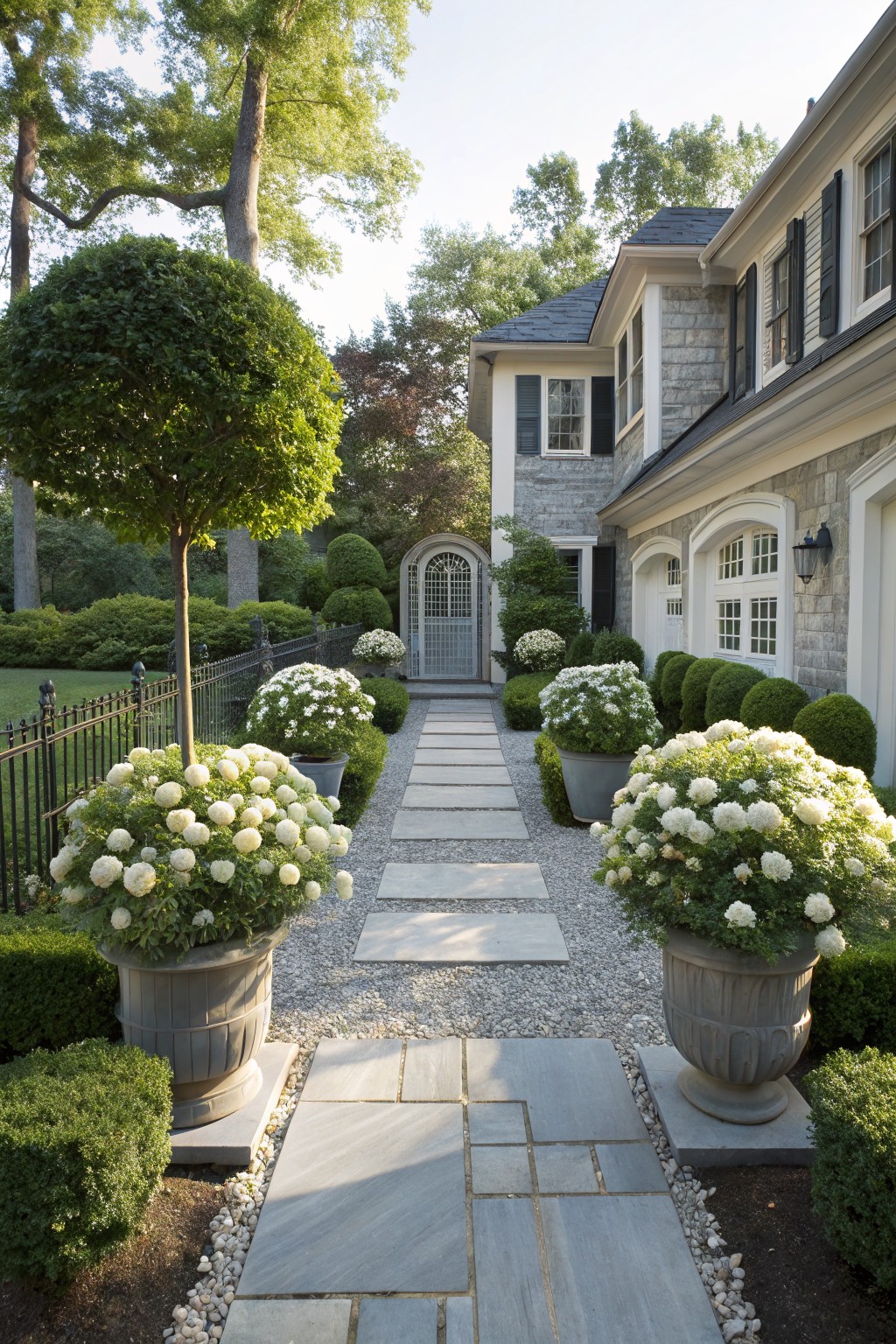 Stone pathway edged in gravel and lined with large urns overflowing with white pom-pom flowers, flanked by boxwood shrubs, leading to an arched gray gate beside a stone house garage.