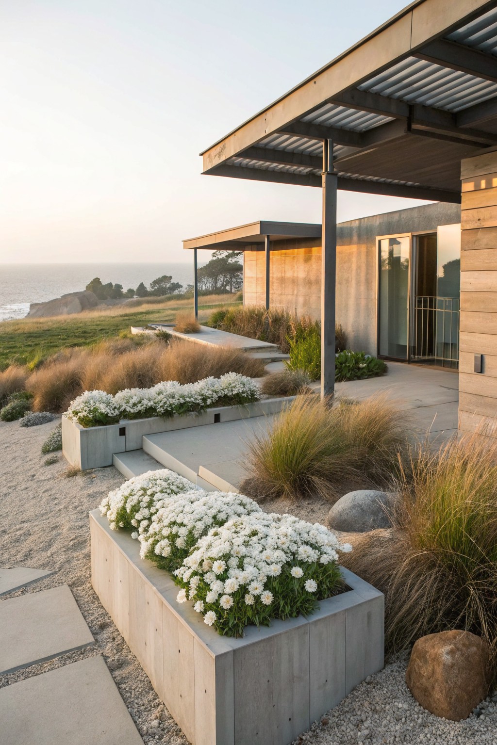Modern coastal house exterior featuring large concrete planters overflowing with white flowers, surrounded by ornamental grasses, gravel ground cover, stone steps, and a pathway leading to the entryway with ocean cliffs in the background.