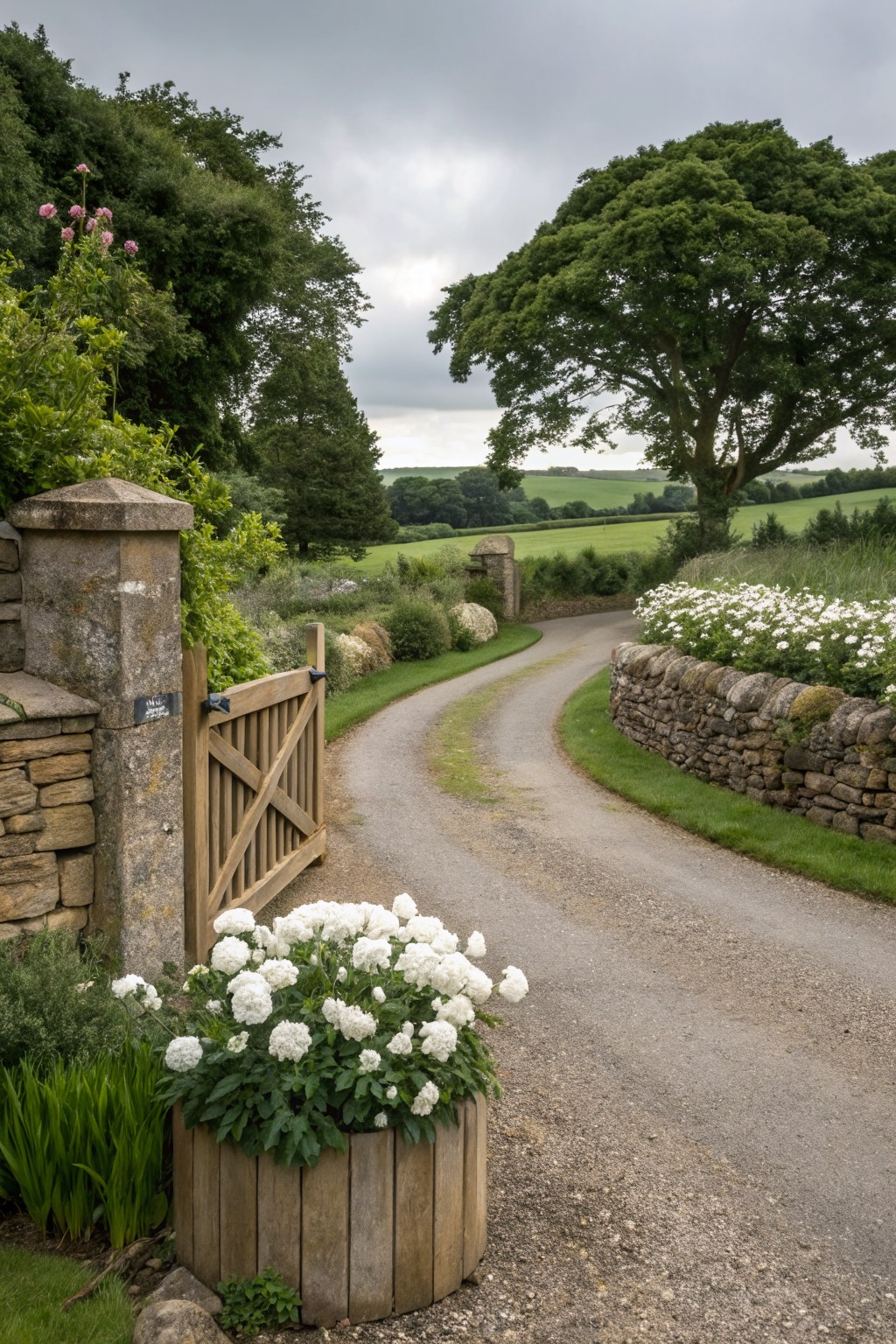 Wooden barrel planter filled with white hydrangea flowers next to an open wooden gate on a stone pillar, along a curved gravel driveway with stone walls and white shrub borders.