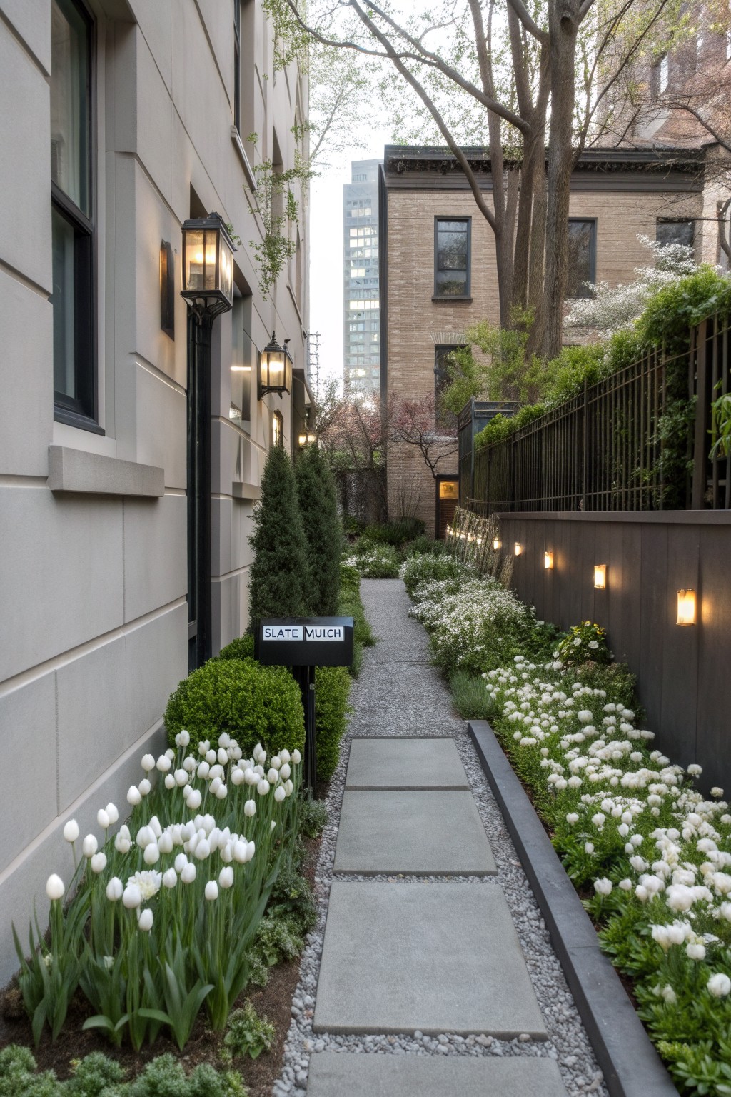 Narrow gravel and stone pathway bordered by white tulips, boxwood shrubs, and low lights between a light stone wall and dark wooden fence.