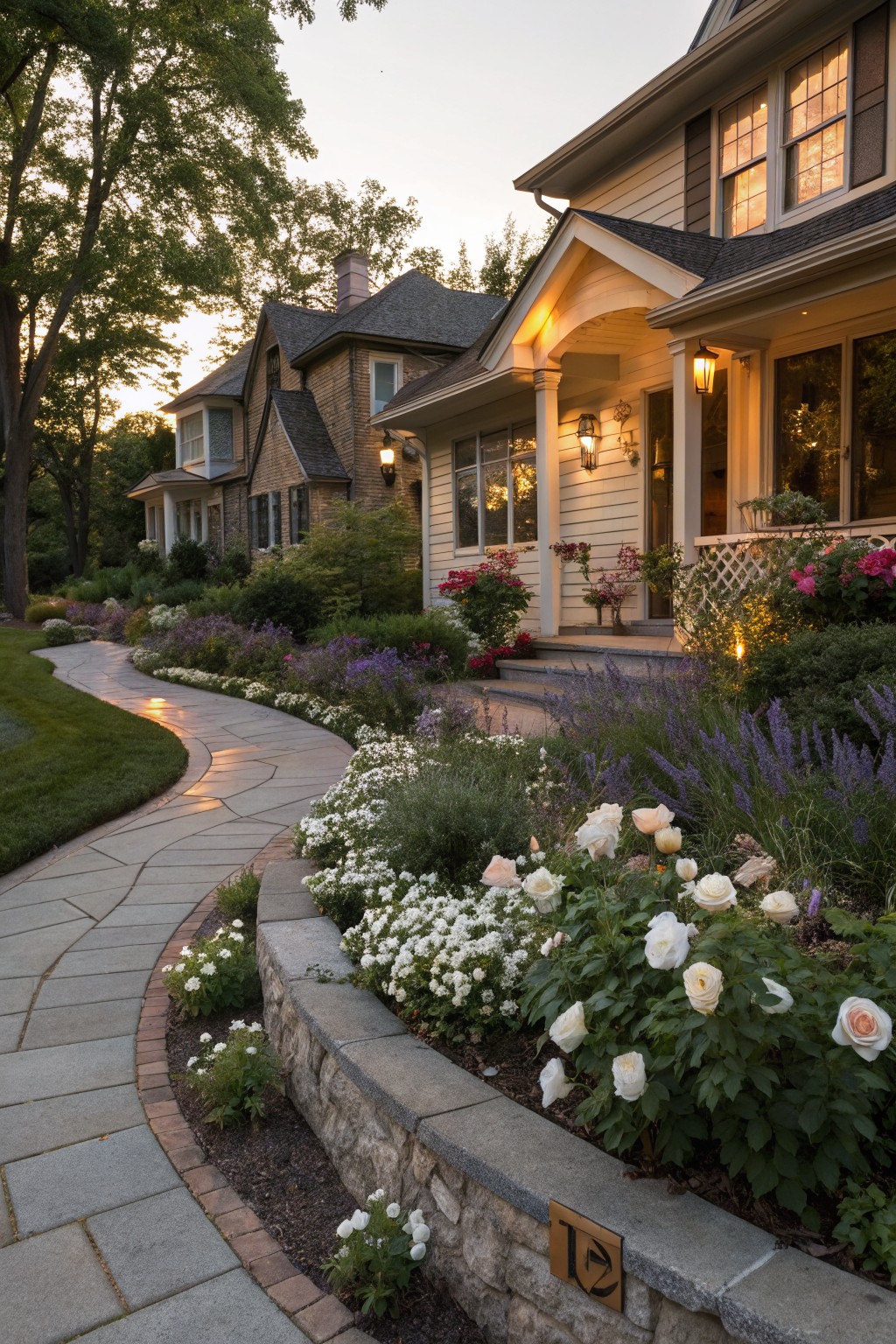 Winding flagstone path curves through front yard garden beds planted with white roses, alyssum, lavender, and other perennials along a stone retaining wall, leading to the porch of a light beige house with brick and shingle details in evening light.