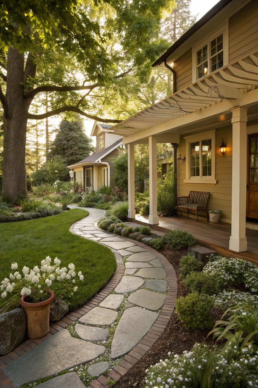 Curving flagstone path edged with brick winds through green lawn and white flower borders, leading to front porch of beige house with trees and shrubs.