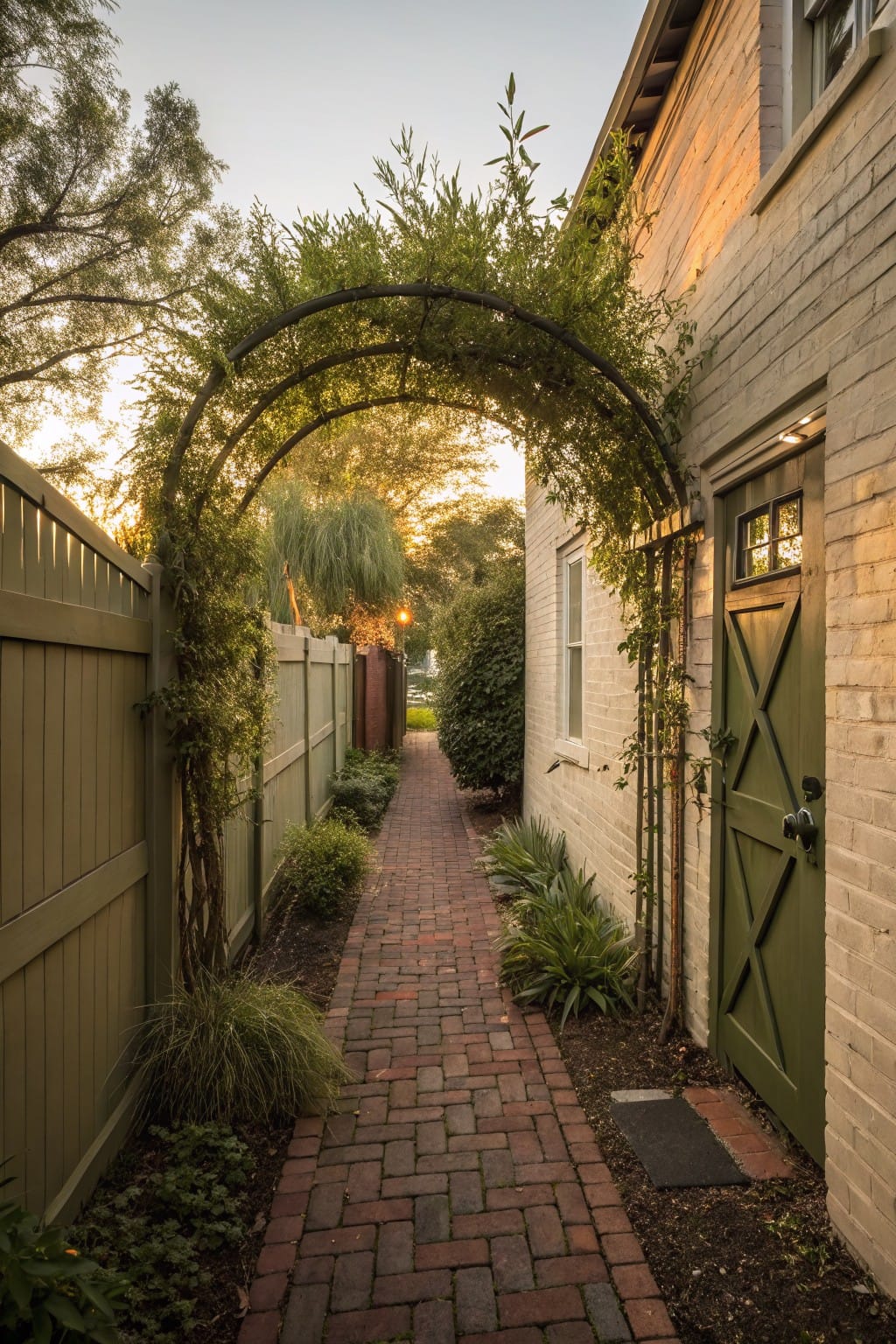 Brick pathway under vine-covered arched trellis between wooden fence and white brick house wall leading to green garden door.